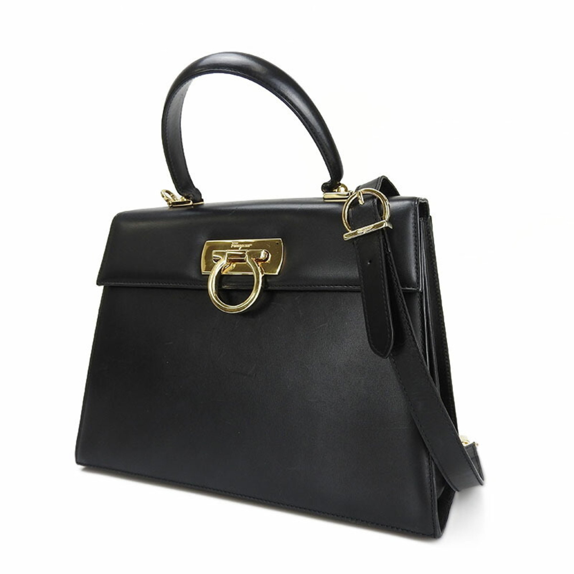 Salvatore Ferragamo AF-21-2181 Gancini 2way handbag leather calf shoulder black BLACK ladies Hand Bag