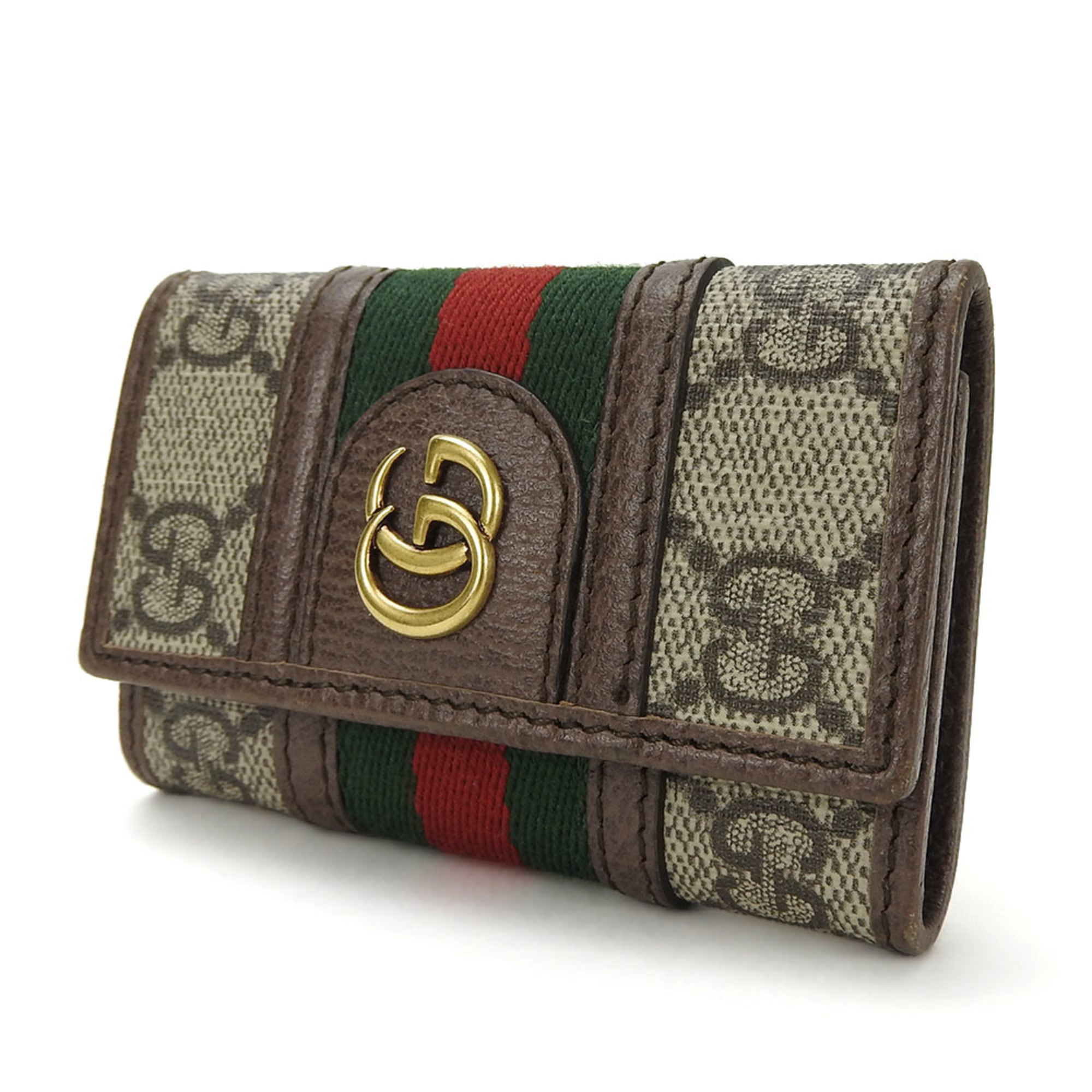 GUCCI Key Case 6 Rows 603732 GG Supreme Offdia Sherry Beige Brown Leather Accessories Women's Gold