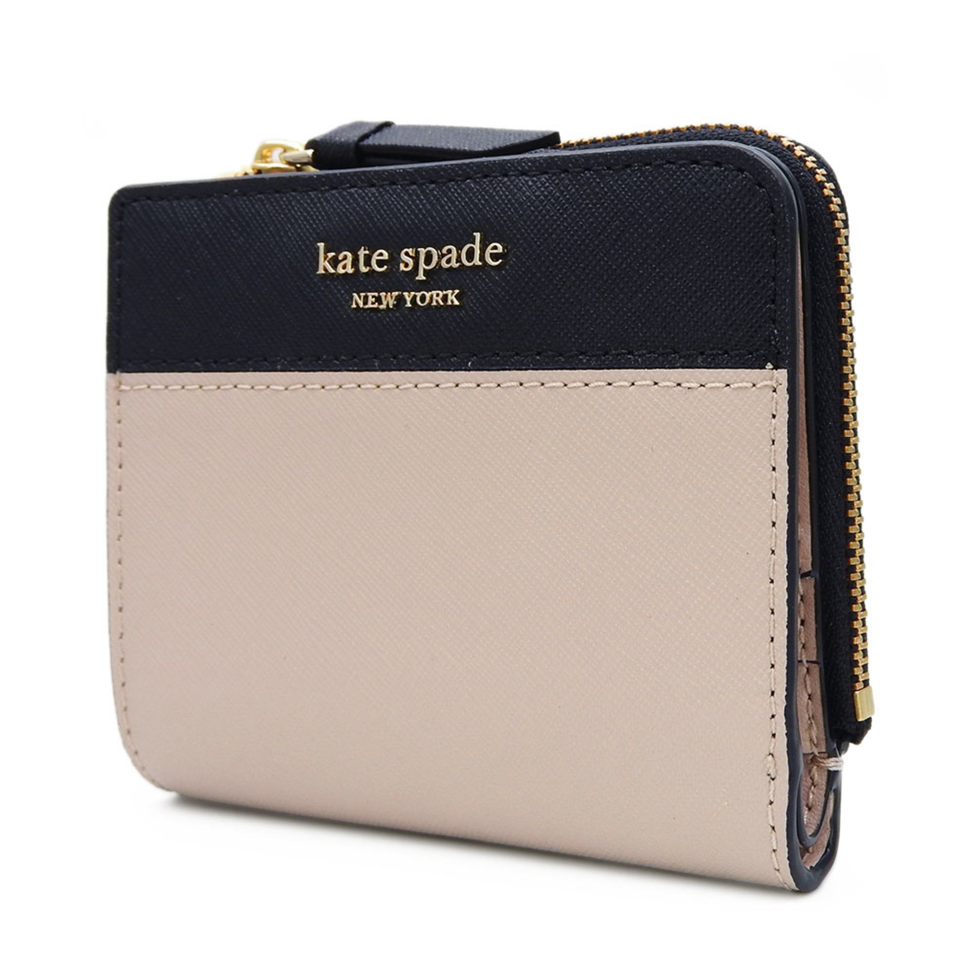 Kate spade bifold wallet compact WLRU5430 Cameron leather warm beige black ladies