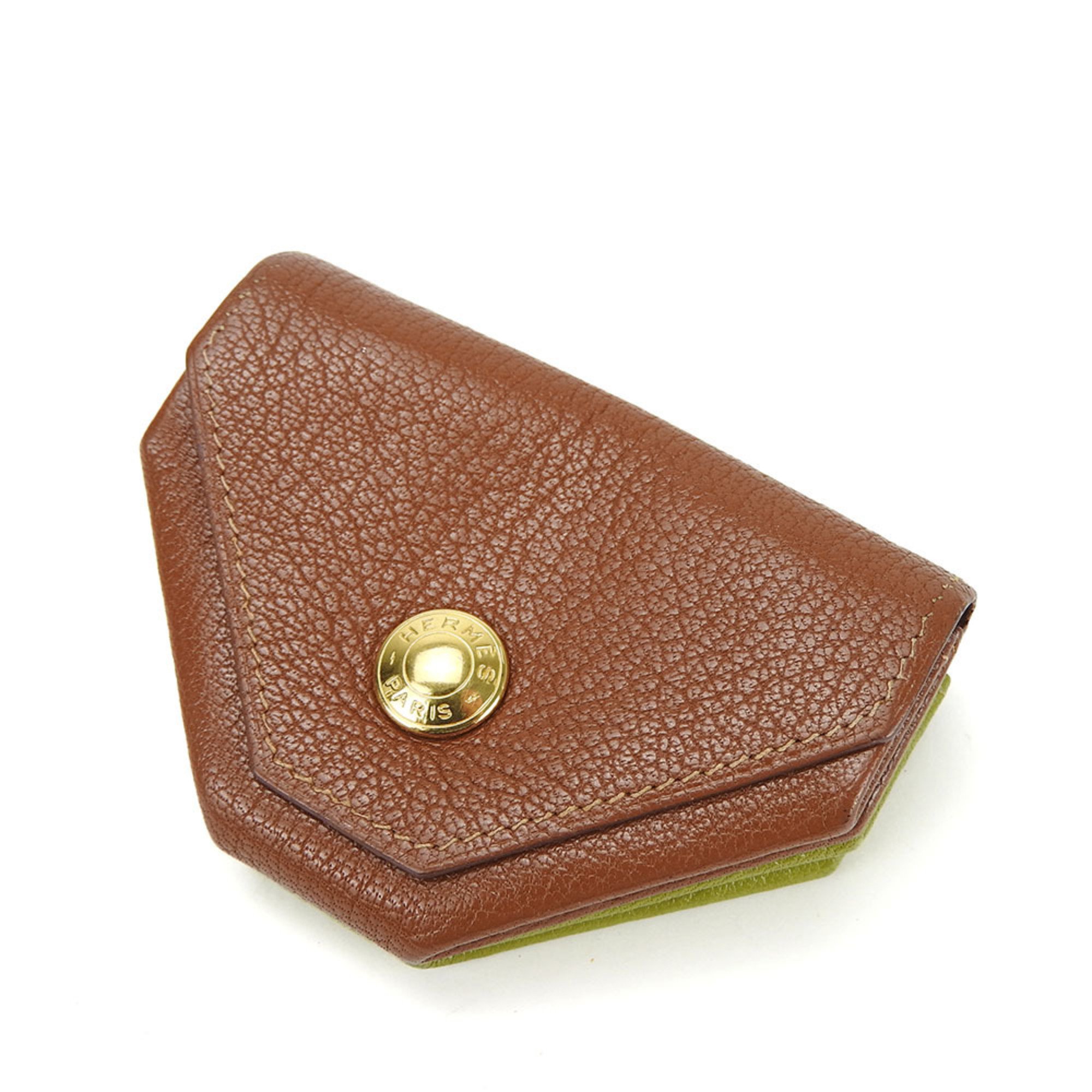 Hermes Coin Case Purse Le Van Quatre □F Engraved Double Face Chevre Leather Green Brown Accessory Women Men HERMES 9527