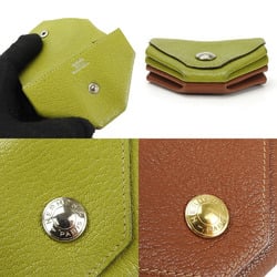 Hermes Coin Case Purse Le Van Quatre □F Engraved Double Face Chevre Leather Green Brown Accessory Women Men HERMES 9527