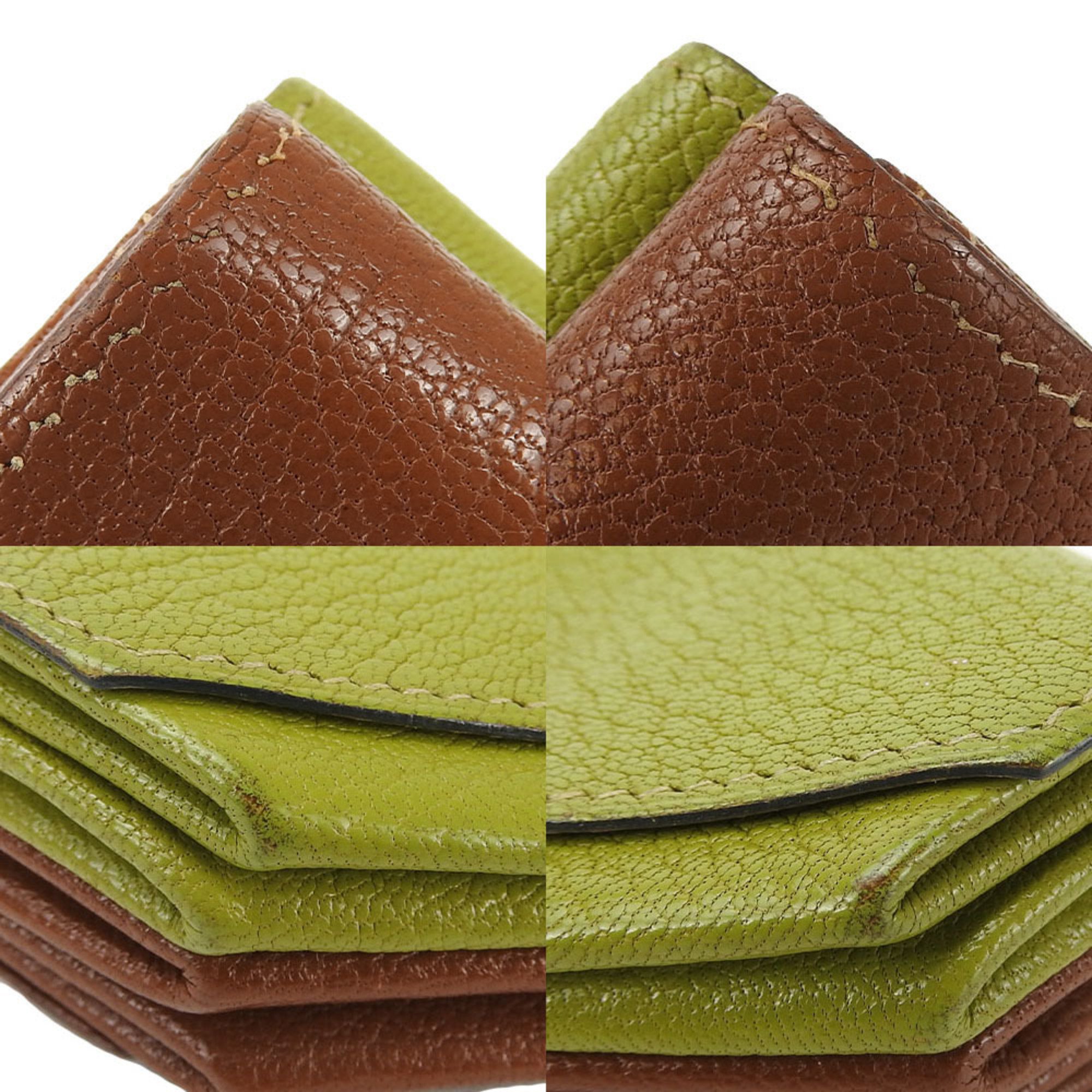 Hermes Coin Case Purse Le Van Quatre □F Engraved Double Face Chevre Leather Green Brown Accessory Women Men HERMES 9527