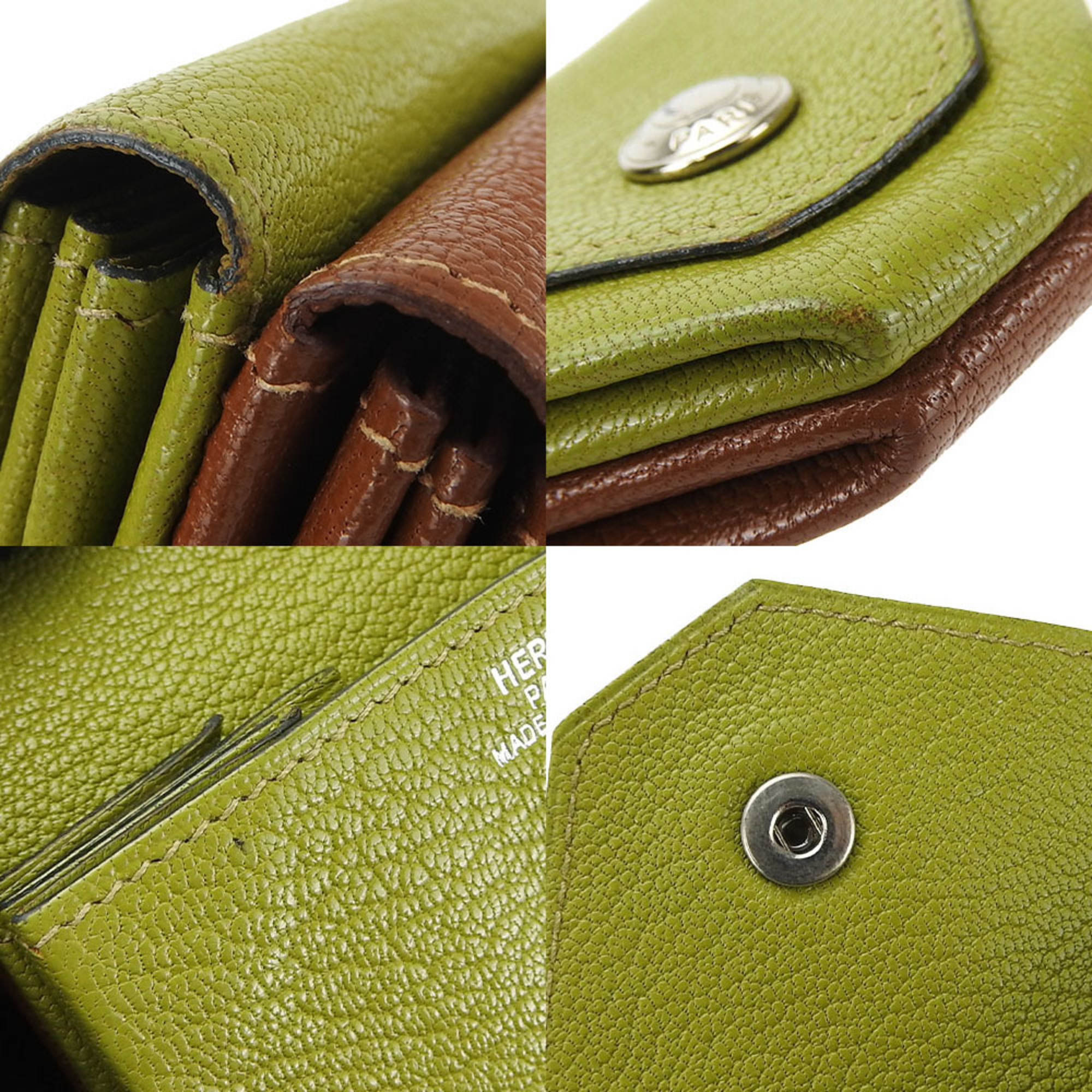 Hermes Coin Case Purse Le Van Quatre □F Engraved Double Face Chevre Leather Green Brown Accessory Women Men HERMES 9527