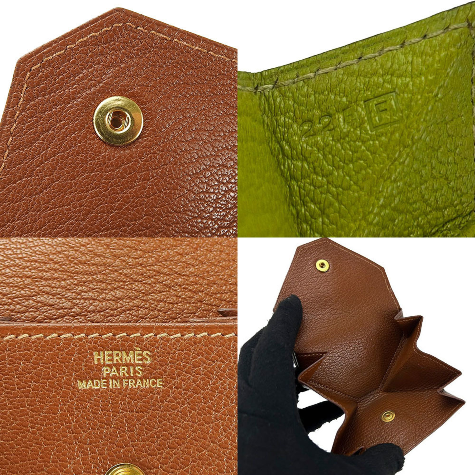Hermes Coin Case Purse Le Van Quatre □F Engraved Double Face Chevre Leather Green Brown Accessory Women Men HERMES 9527
