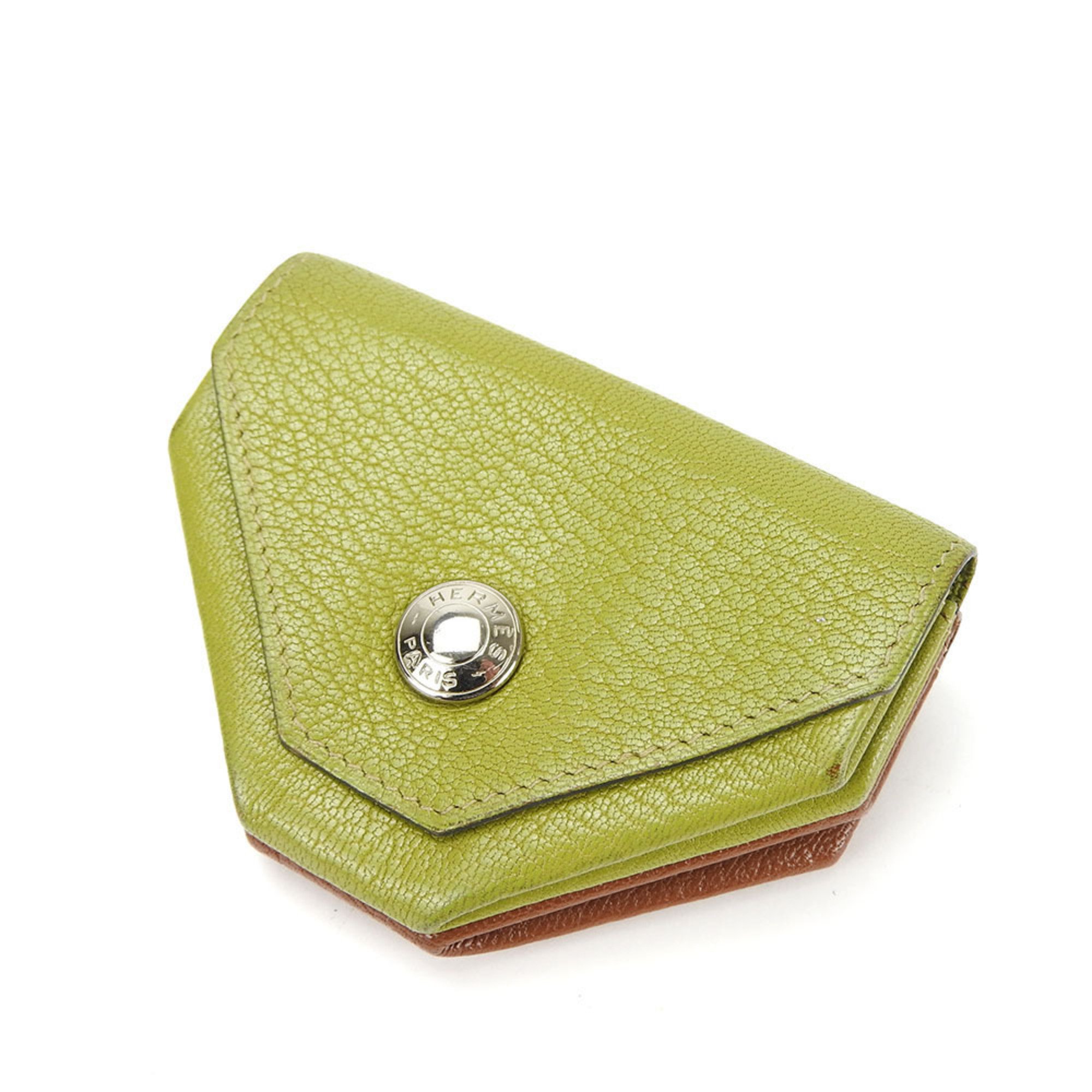 Hermes Coin Case Purse Le Van Quatre □F Engraved Double Face Chevre Leather Green Brown Accessory Women Men HERMES 9527