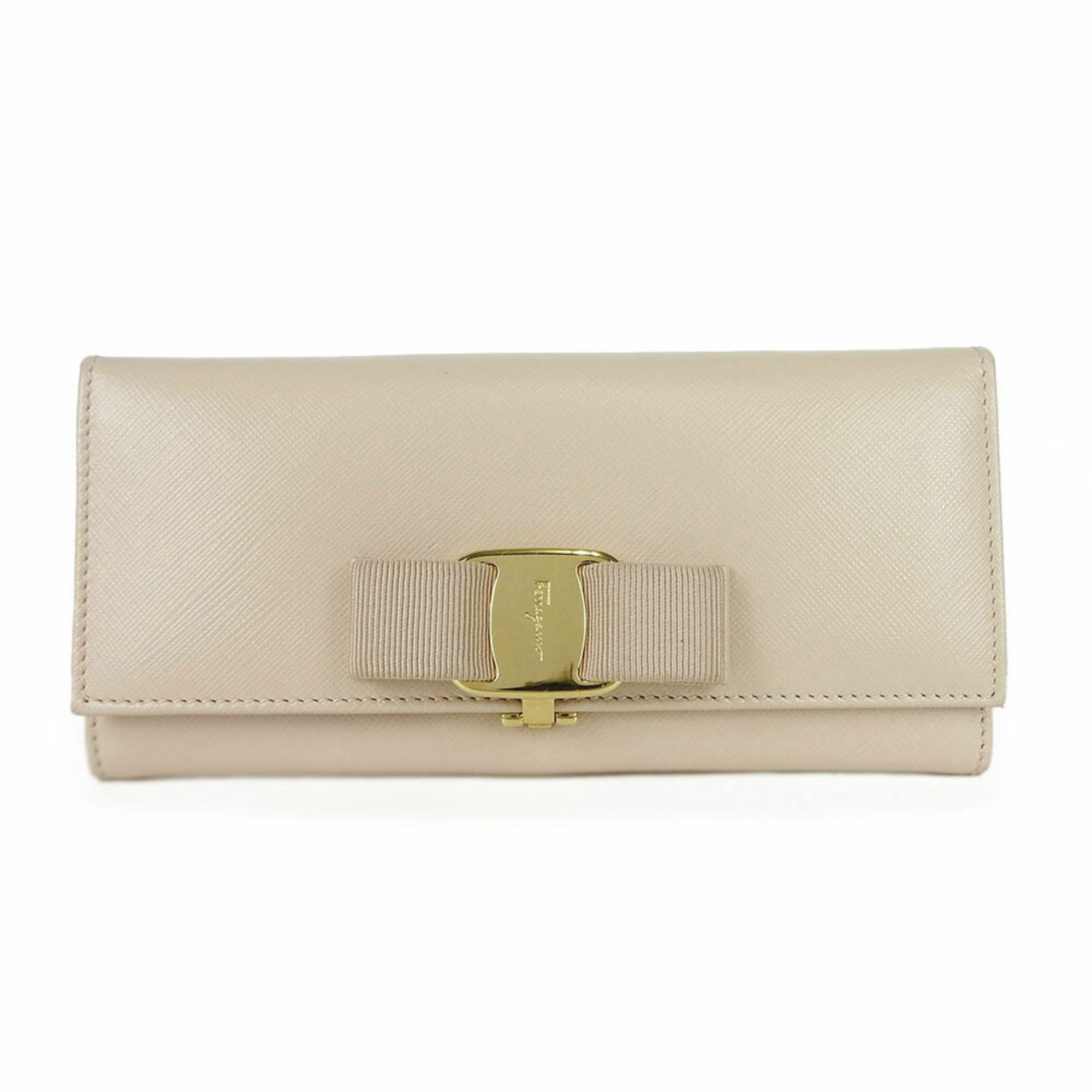 Salvatore Ferragamo KI-22 B559 Rose Ribbon Bifold Long Wallet Beige Leather Women's leather long wallet beige Gold