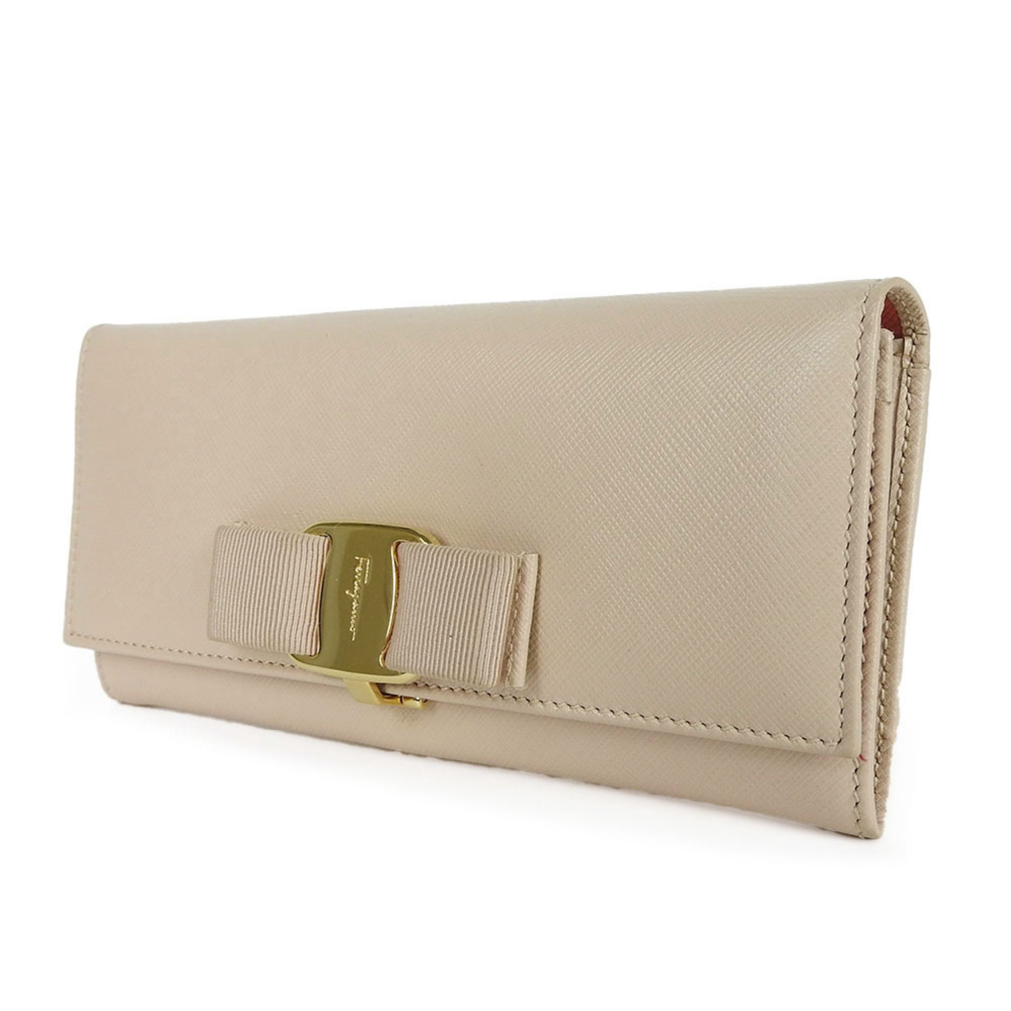 Salvatore Ferragamo KI-22 B559 Rose Ribbon Bifold Long Wallet Beige Leather Women's leather long wallet beige Gold