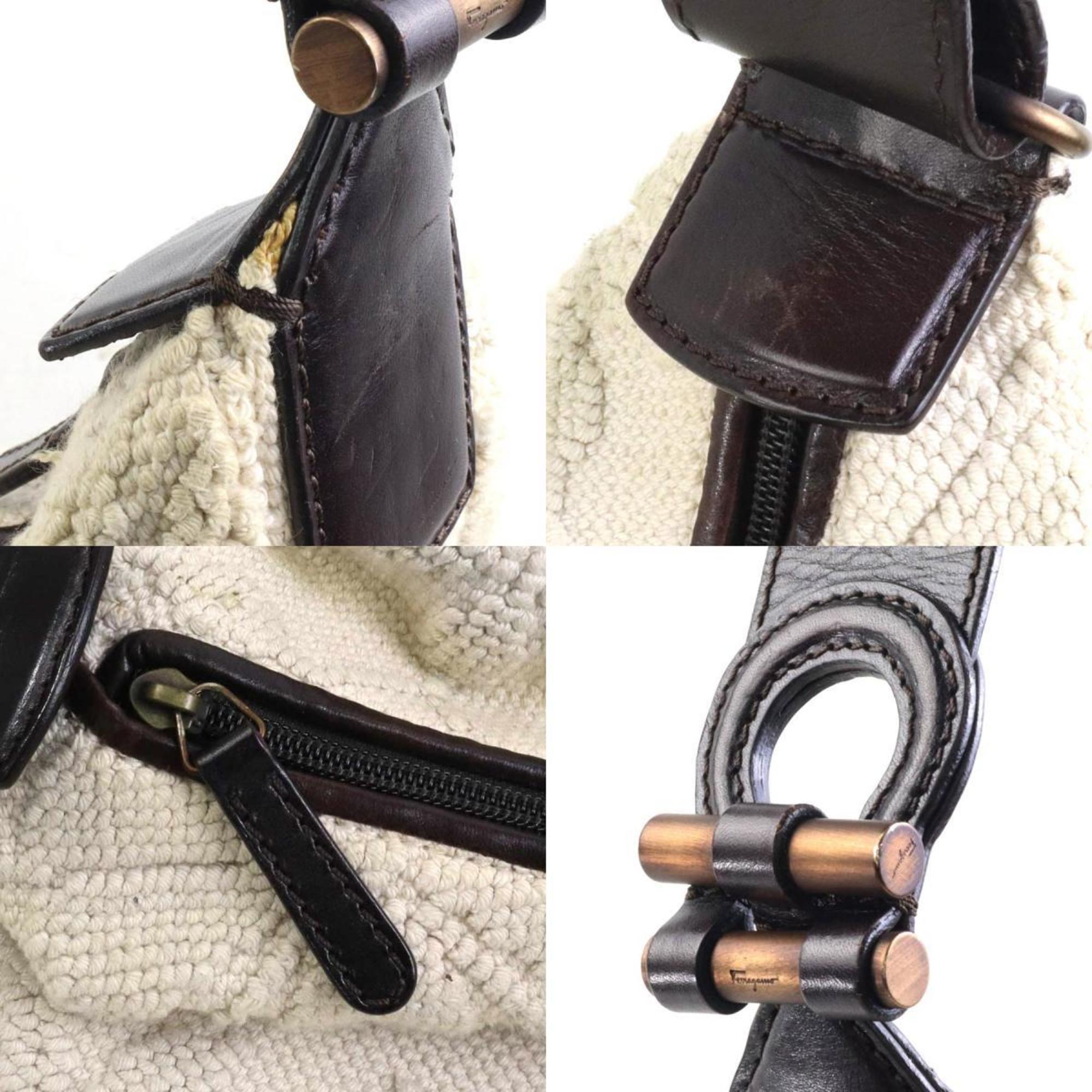 Salvatore Ferragamo Crossbody Shoulder Bag Gancini Cotton/Leather Light Beige/Dark Brown Women's