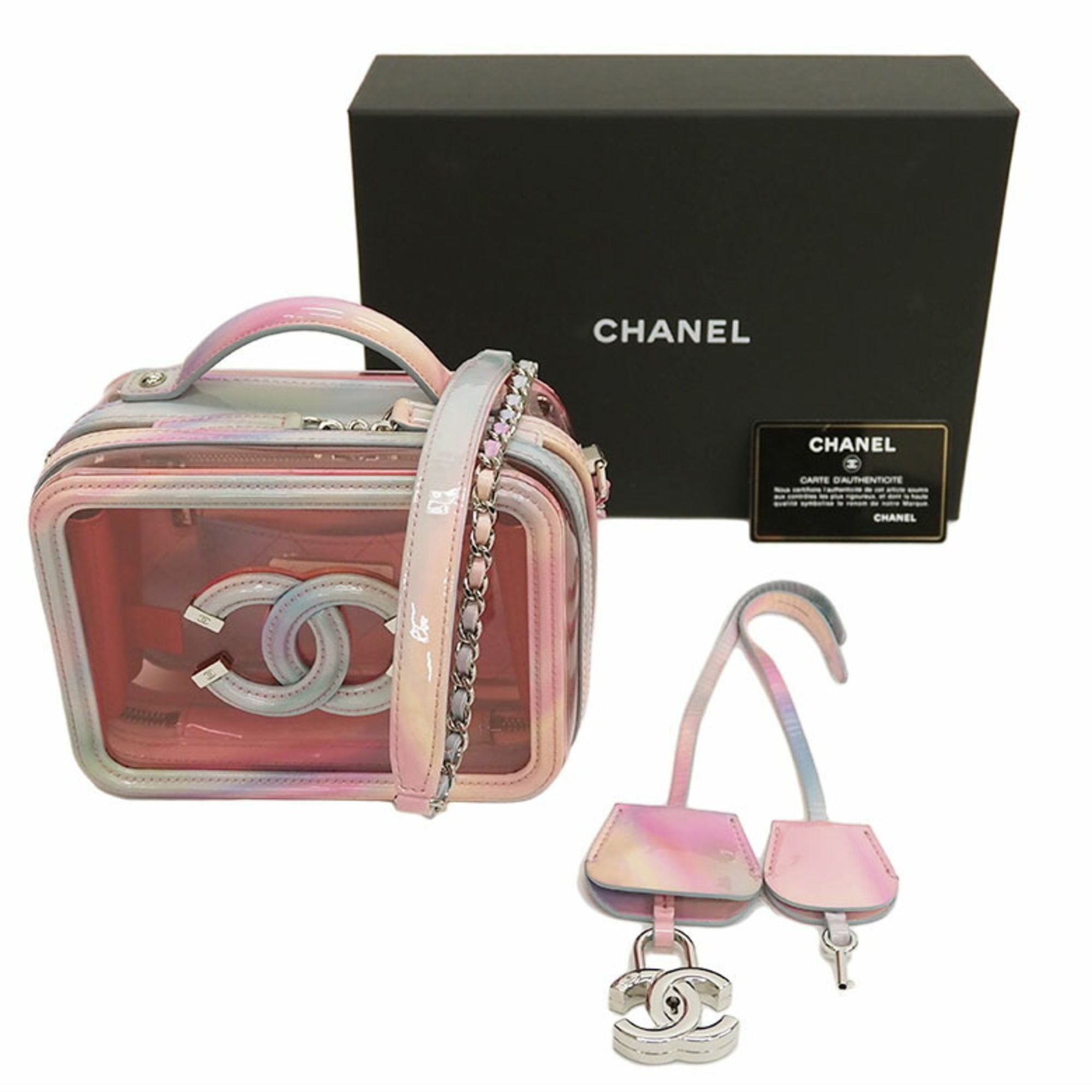 CHANEL CC Filigree Vanity Chain Shoulder Bag PVC Vinyl Pink Pochette Women's Square