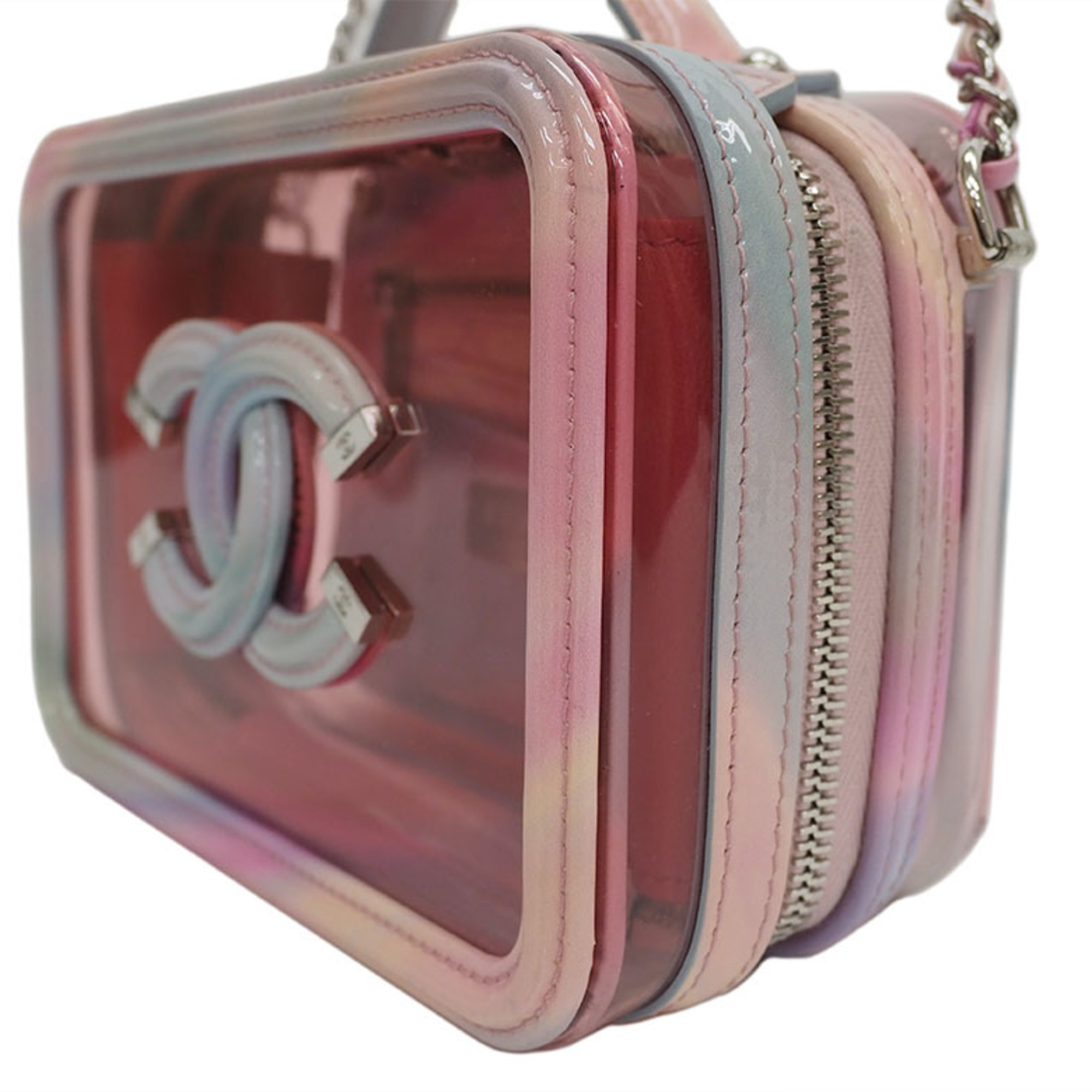 CHANEL CC Filigree Vanity Chain Shoulder Bag PVC Vinyl Pink Pochette Women's Square