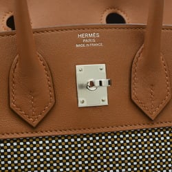 Hermes Birkin 25 Handbag Toile Cadrille/Swift Noisette Silver Hardware B Stamped