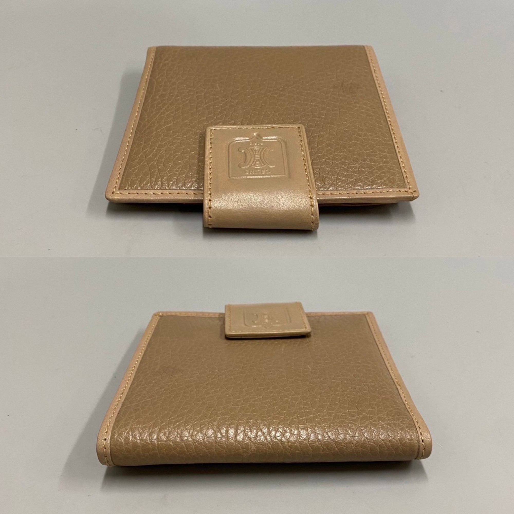 CELINE Vintage Triomphe Logo Leather Genuine Bifold Wallet Folding Mini Beige 16980