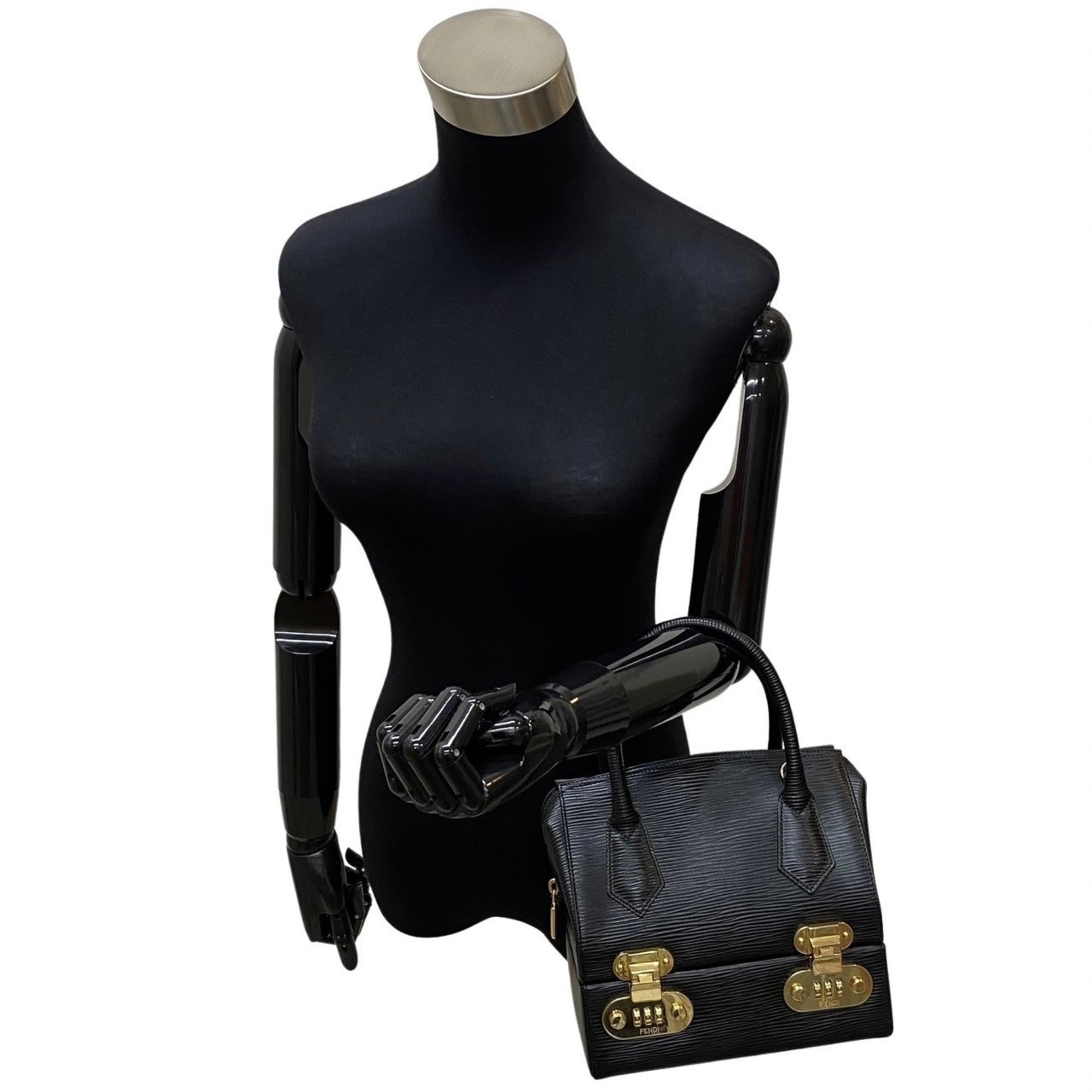 FENDI Logo Metal Fittings Epi Leather Genuine 2way Handbag Vanity Bag Makeup Box Shoulder Black 25747