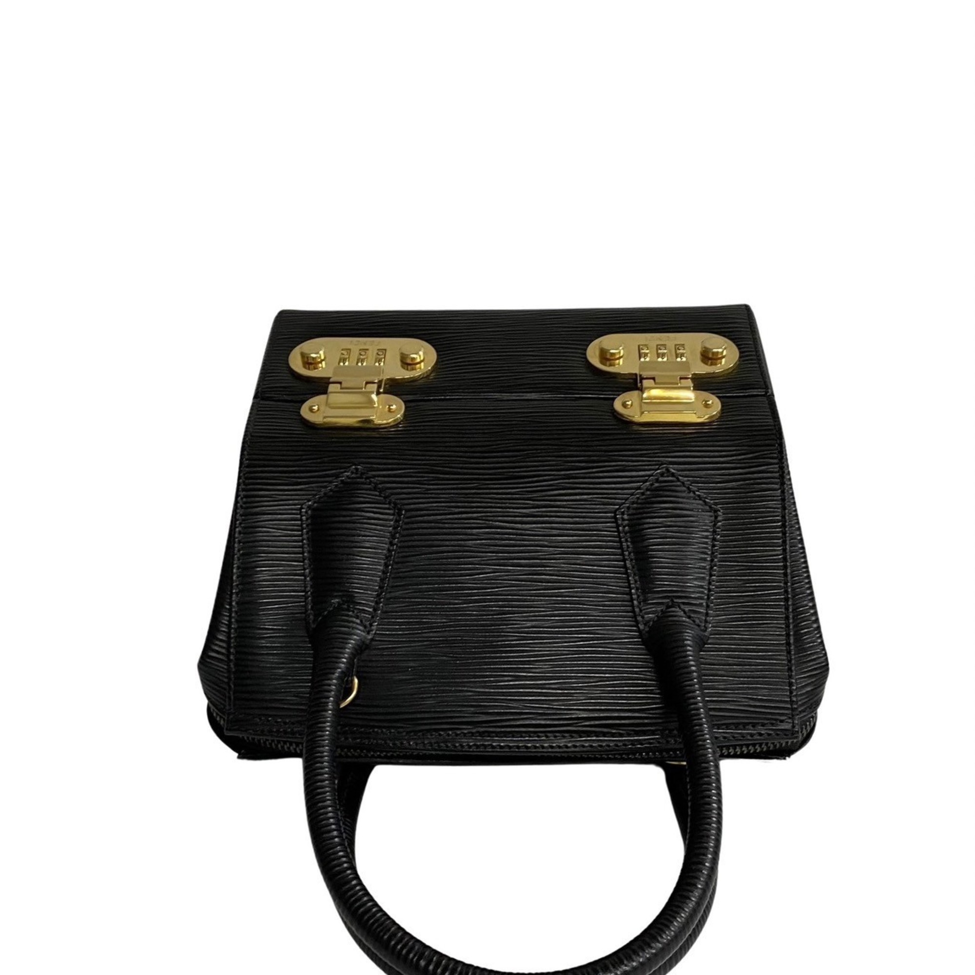 FENDI Logo Metal Fittings Epi Leather Genuine 2way Handbag Vanity Bag Makeup Box Shoulder Black 25747