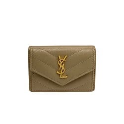 YVES SAINT LAURENT YSL Logo Leather Multifold Wallet Trifold Beige kmf1128-8