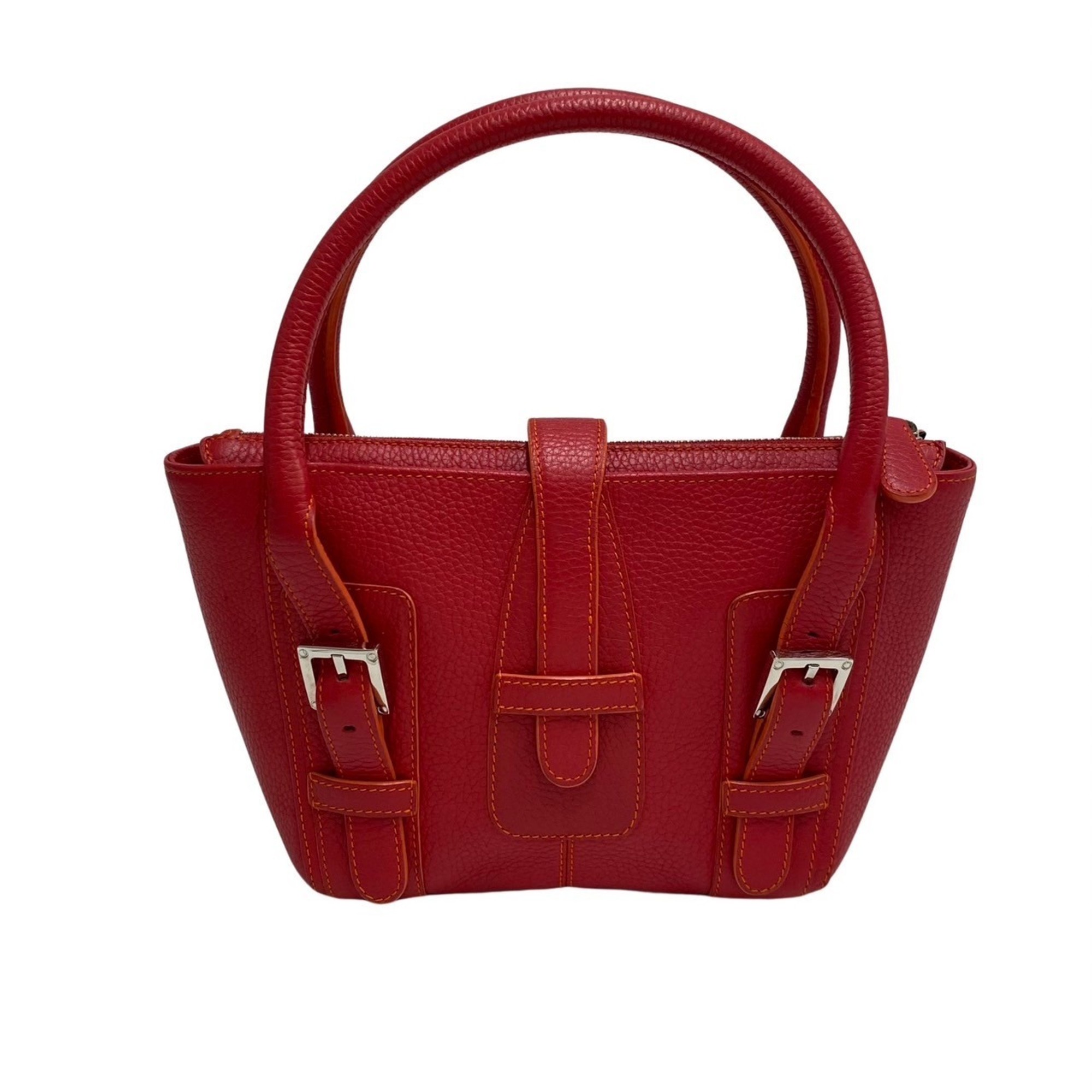 LOEWE Senda Logo Engraved Leather Genuine Handbag Mini Tote Bag Boston Red 49704