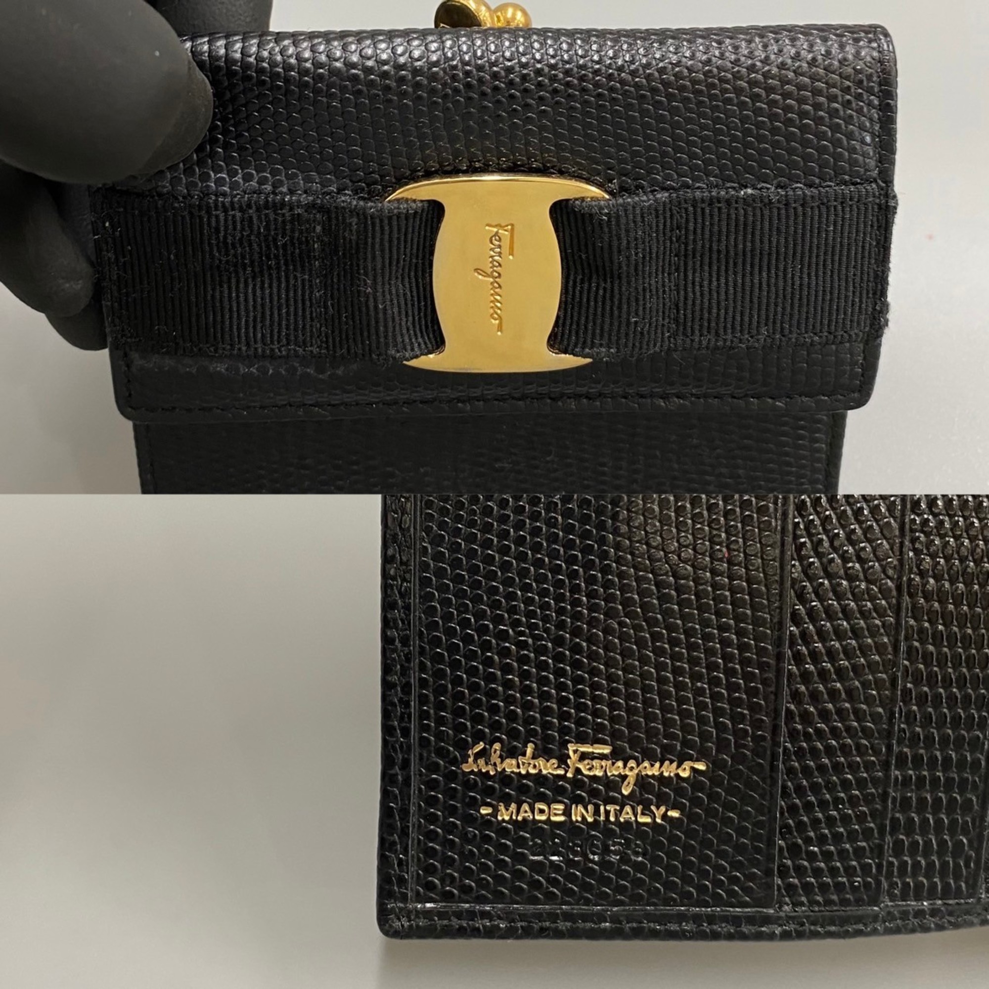 Salvatore Ferragamo Vara Hardware Leather Genuine Clasp Bifold Wallet Mini Black 76049