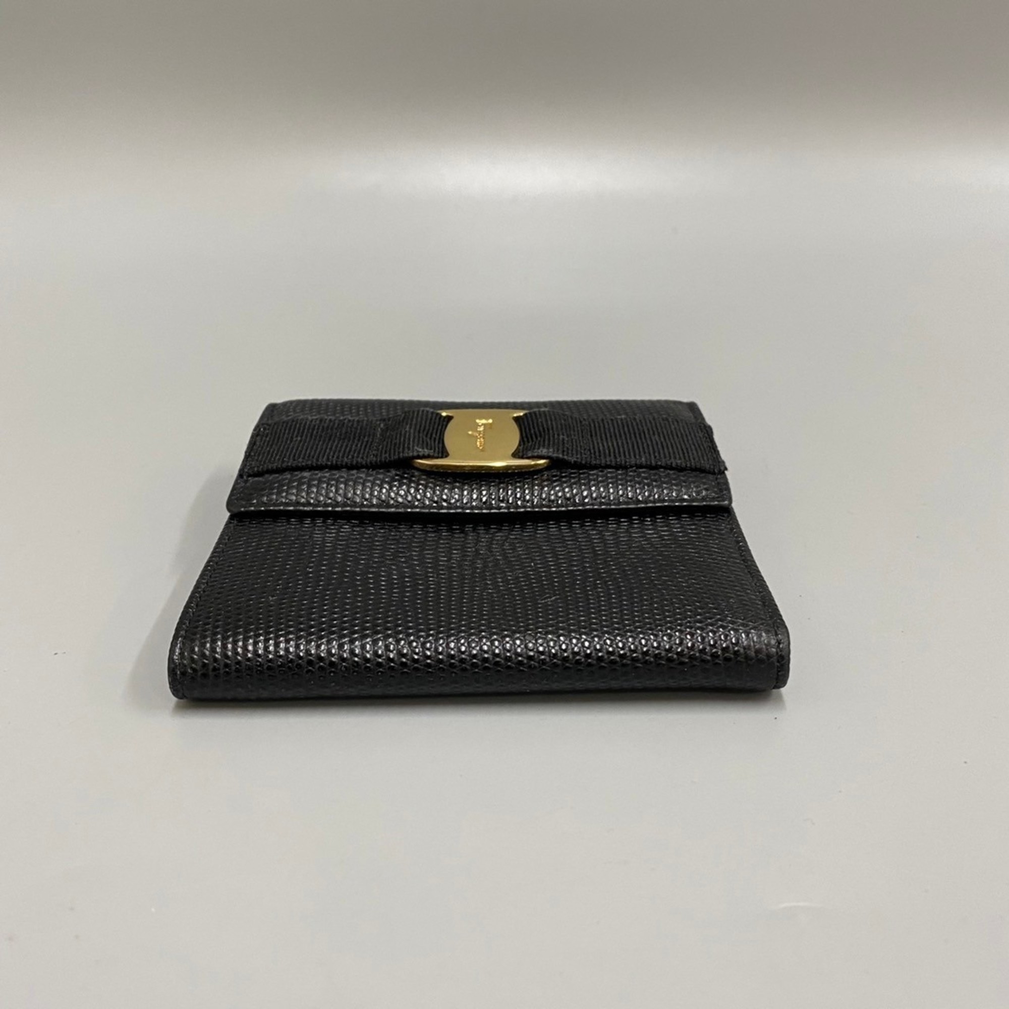 Salvatore Ferragamo Vara Hardware Leather Genuine Clasp Bifold Wallet Mini Black 76049