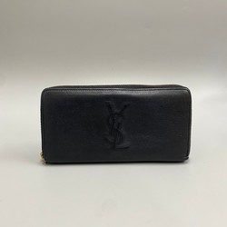 YVES SAINT LAURENT Yves Saint Laurent Logo Stitch Hardware Leather Genuine Round Zip Long Wallet Black 45915