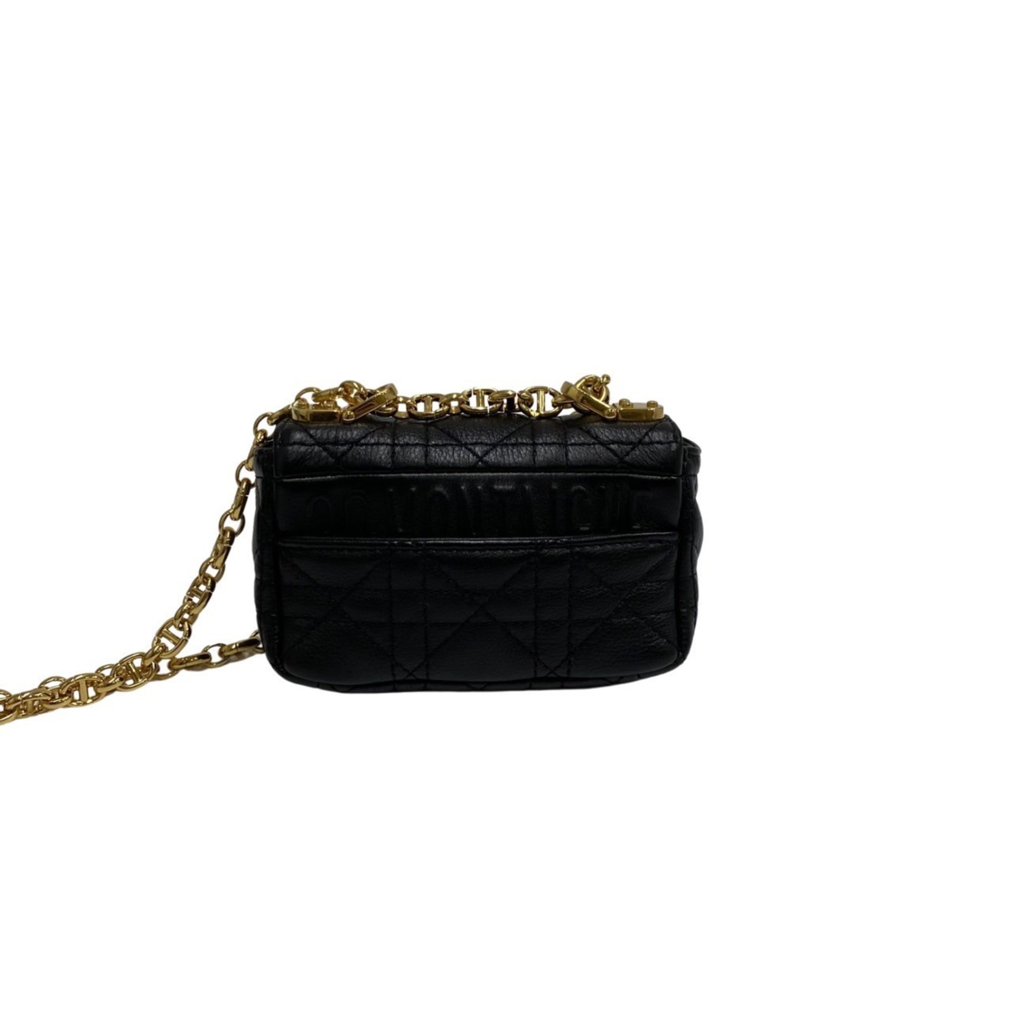 Christian Dior Caro Micro Cannage CD Logo Leather Genuine Chain Mini Shoulder Bag Black 32438