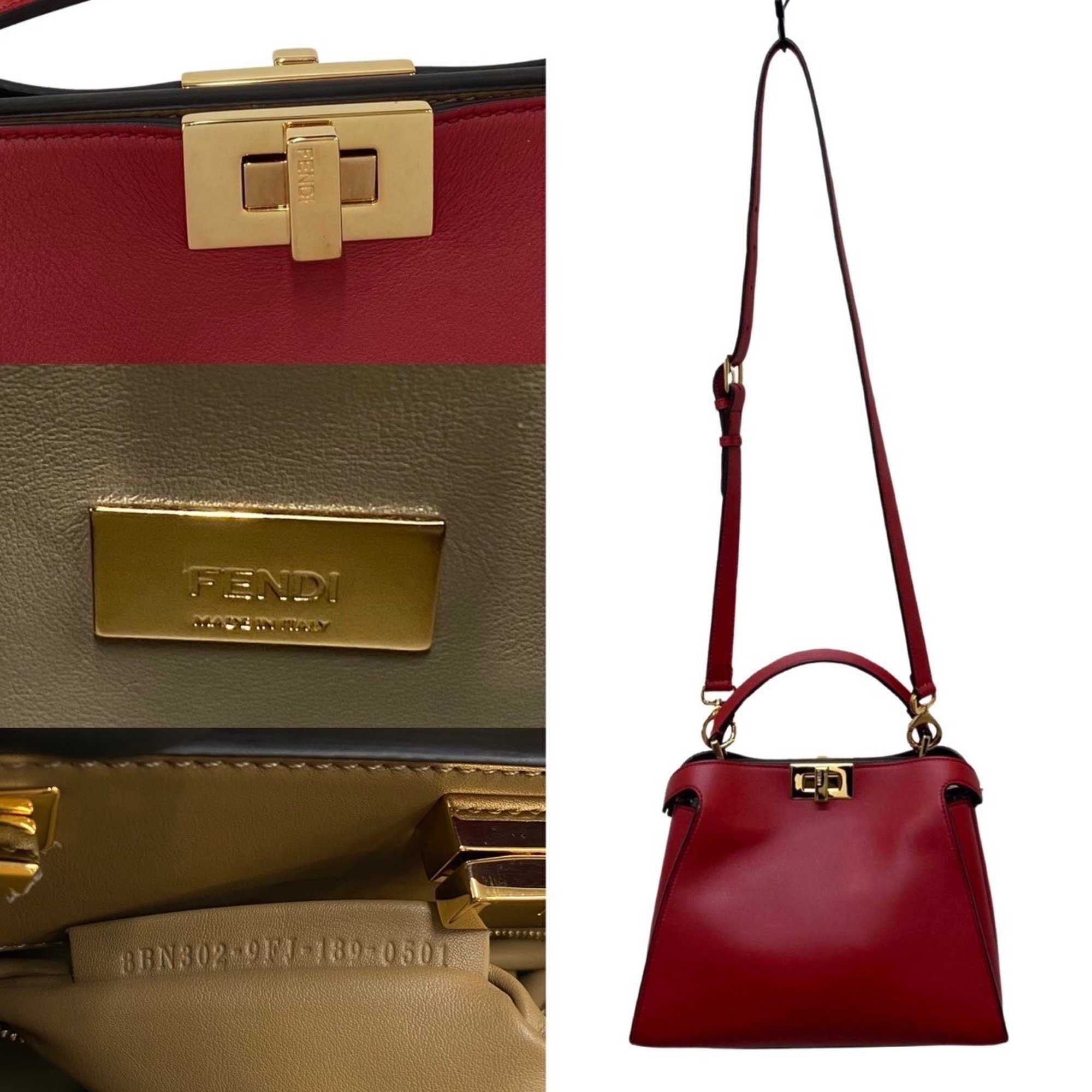 FENDI Peekaboo logo metal fittings leather genuine 2way mini shoulder bag handbag red 63410