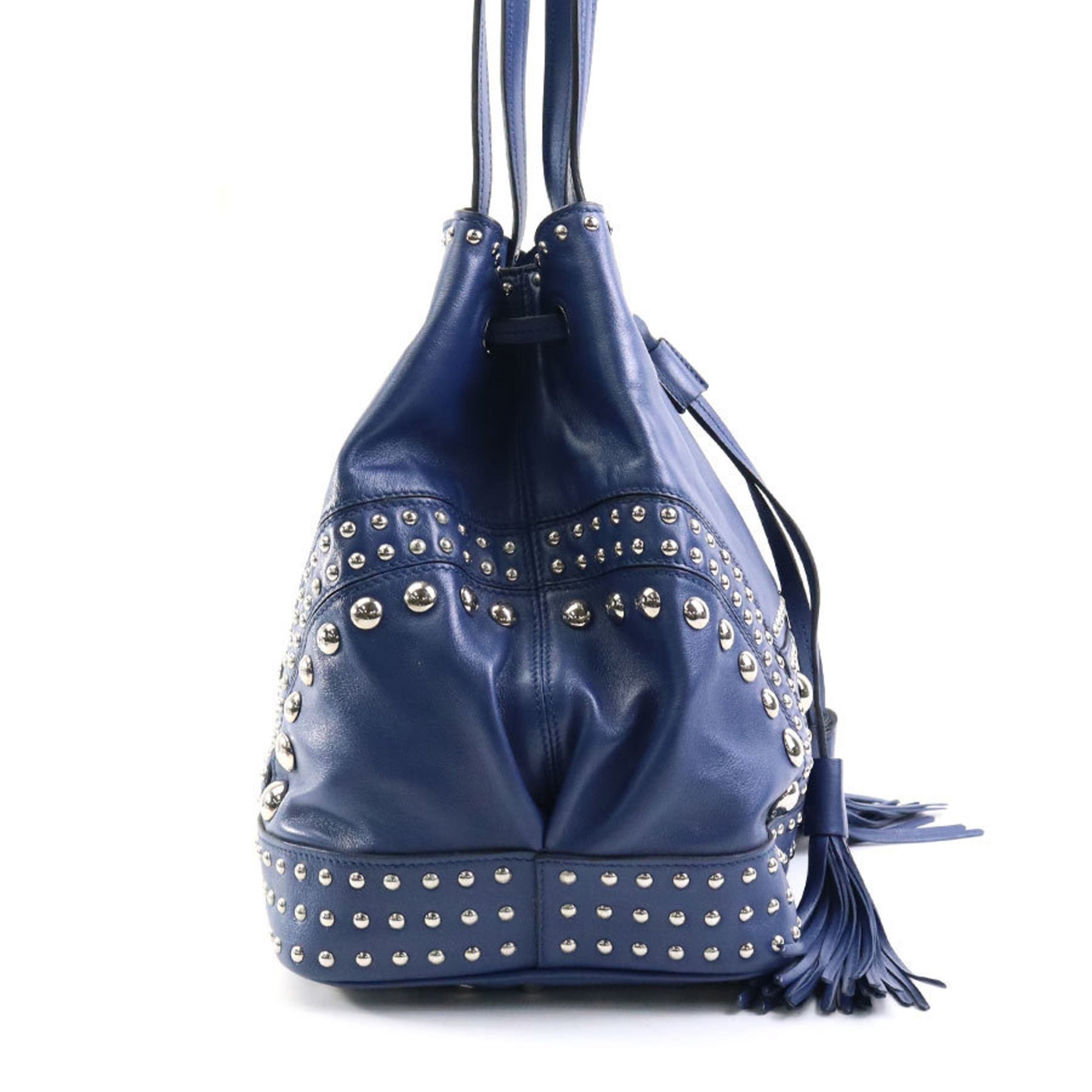 PRADA Shoulder Bag Studded Leather/Metal Navy Blue/Silver Ladies