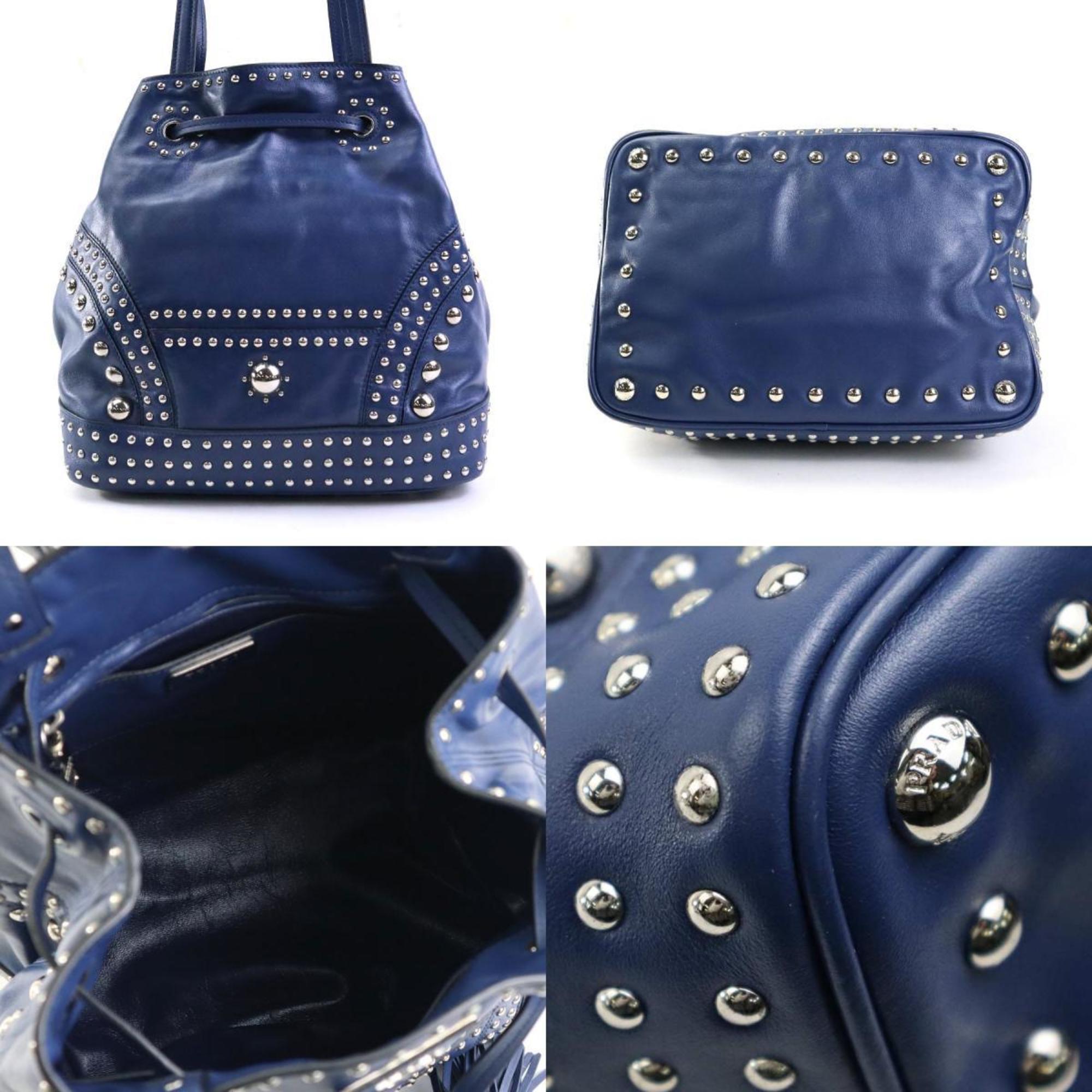 PRADA Shoulder Bag Studded Leather/Metal Navy Blue/Silver Ladies