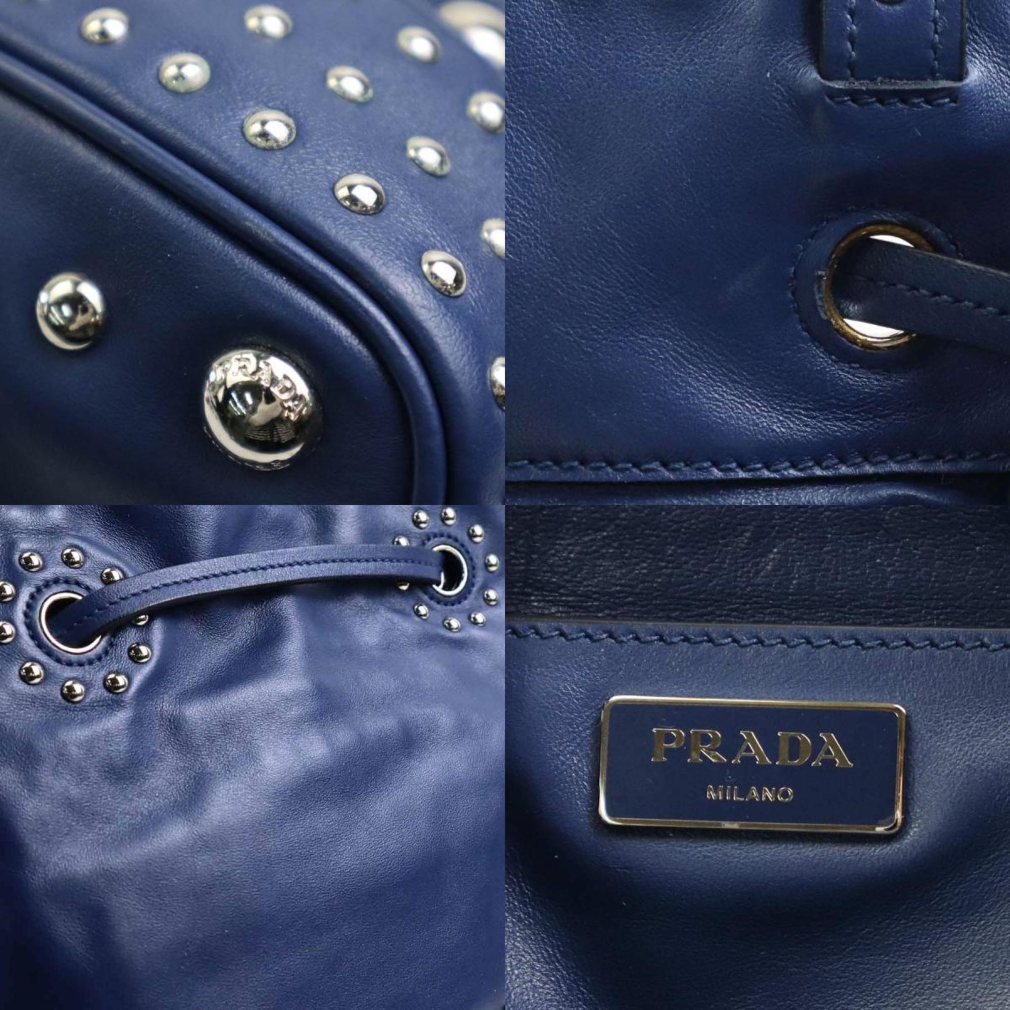 PRADA Shoulder Bag Studded Leather/Metal Navy Blue/Silver Ladies