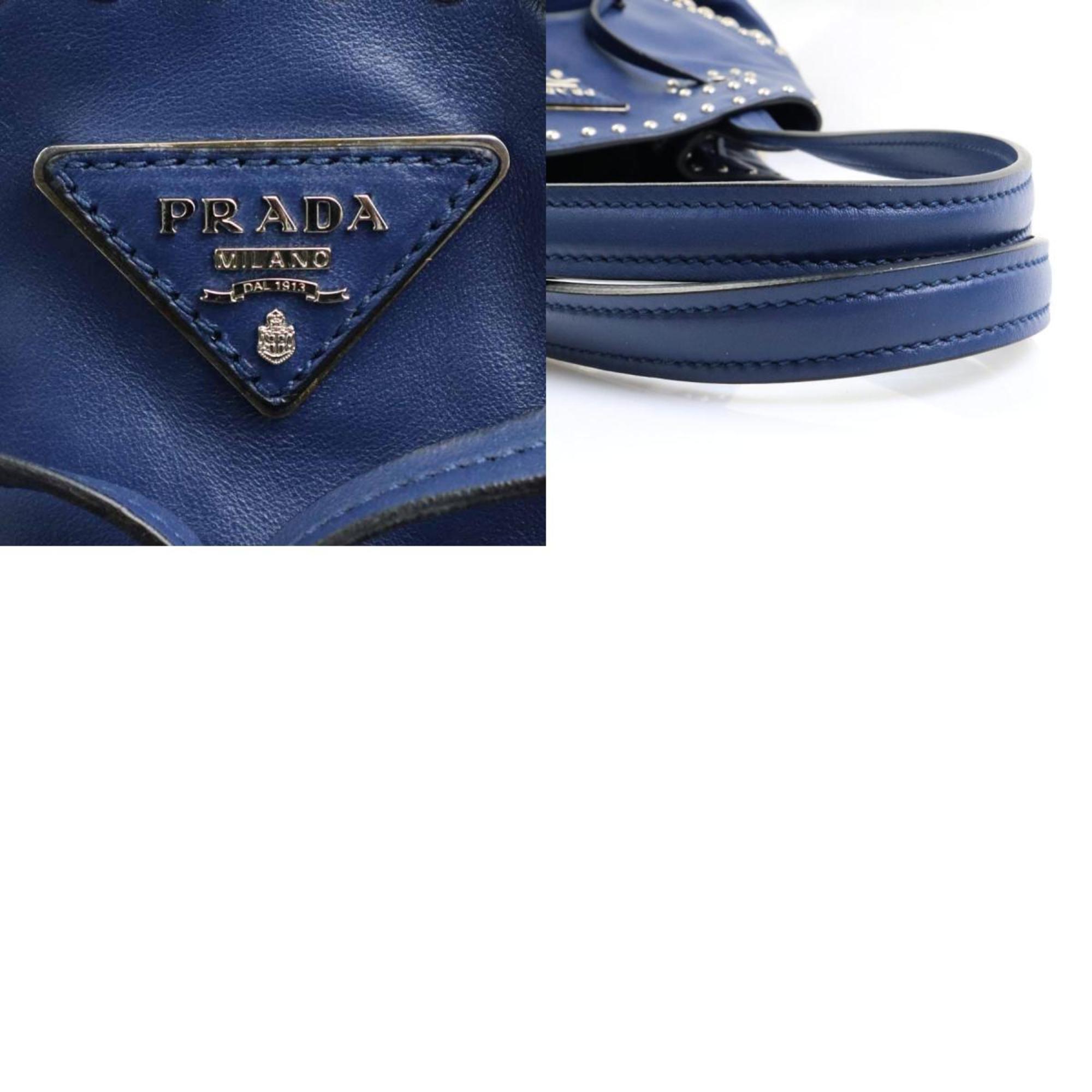 PRADA Shoulder Bag Studded Leather/Metal Navy Blue/Silver Ladies