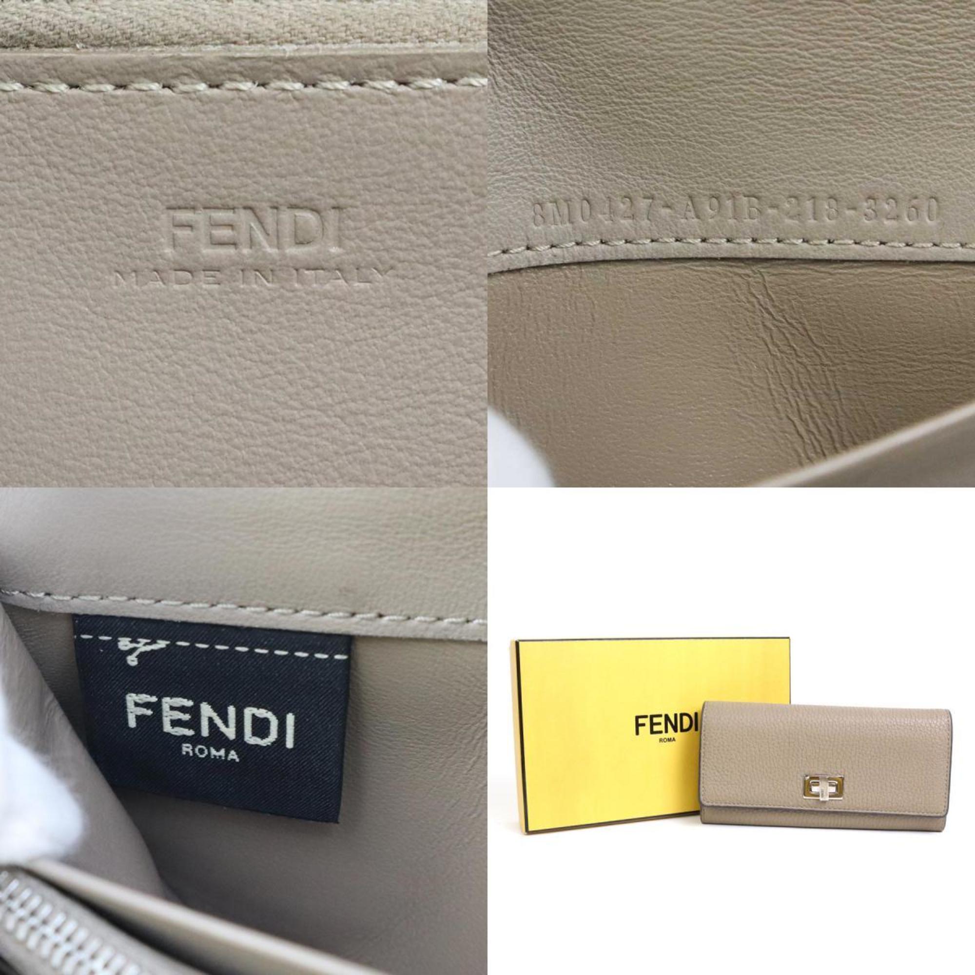 FENDI Bifold Long Wallet Continental Leather Greige Silver Ladies