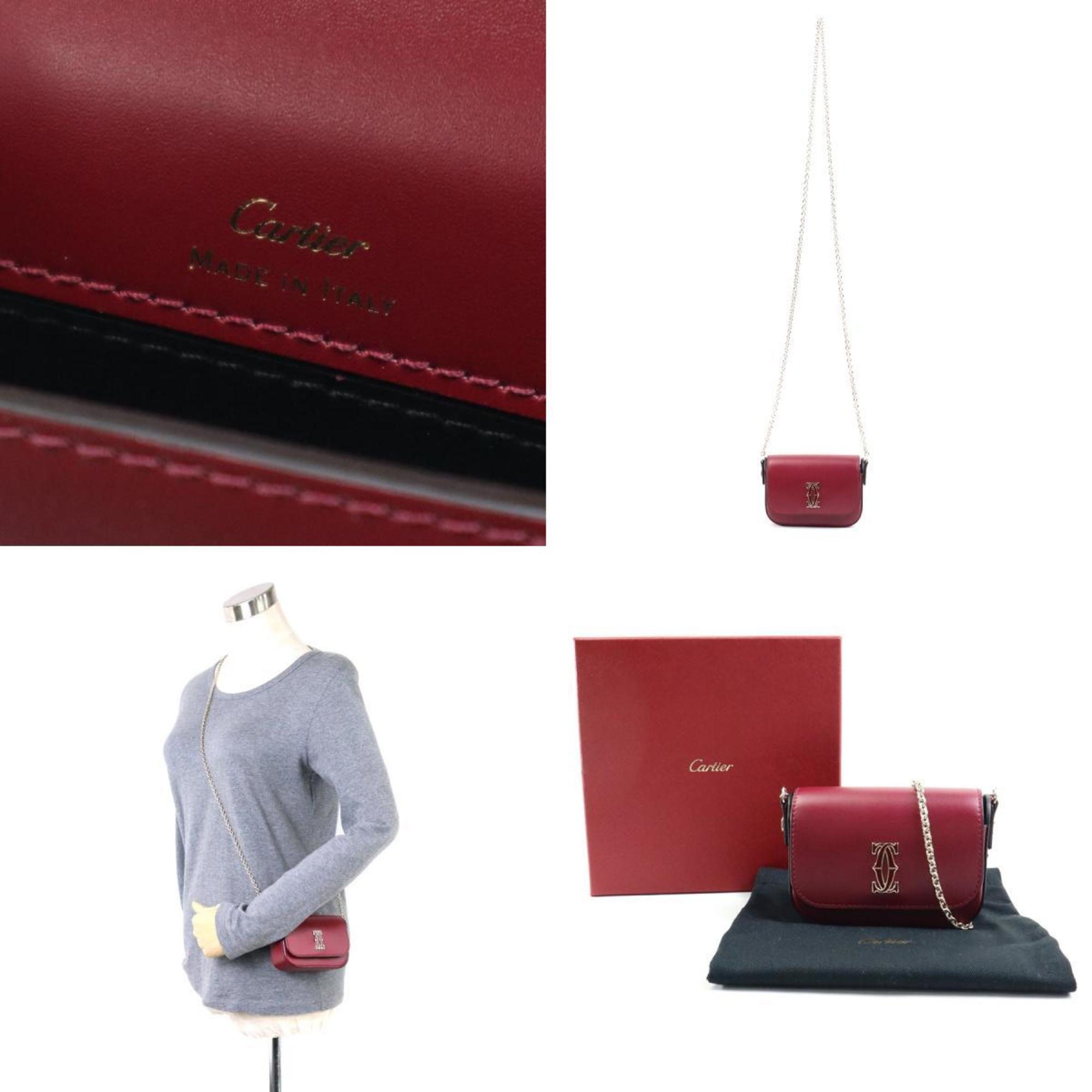 Cartier CARTIER Crossbody Shoulder Bag C de Micro Chain Leather Cherry Red Gold Ladies