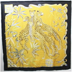 Salvatore Ferragamo Silk Large Scarf Stole Navy x Yellow Leopard Print Women's Paper