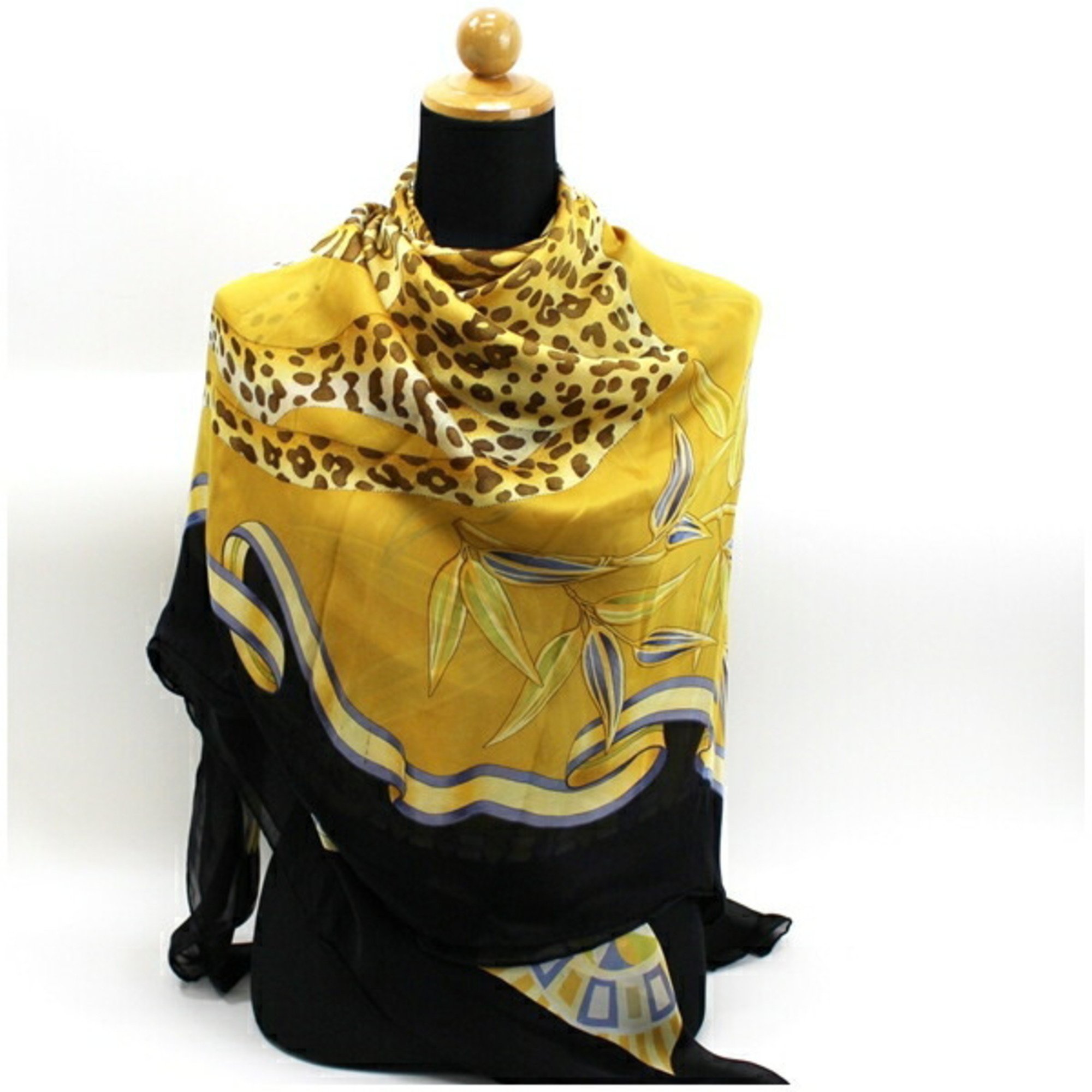 Salvatore Ferragamo Silk Large Scarf Stole Navy x Yellow Leopard Print Women's Paper