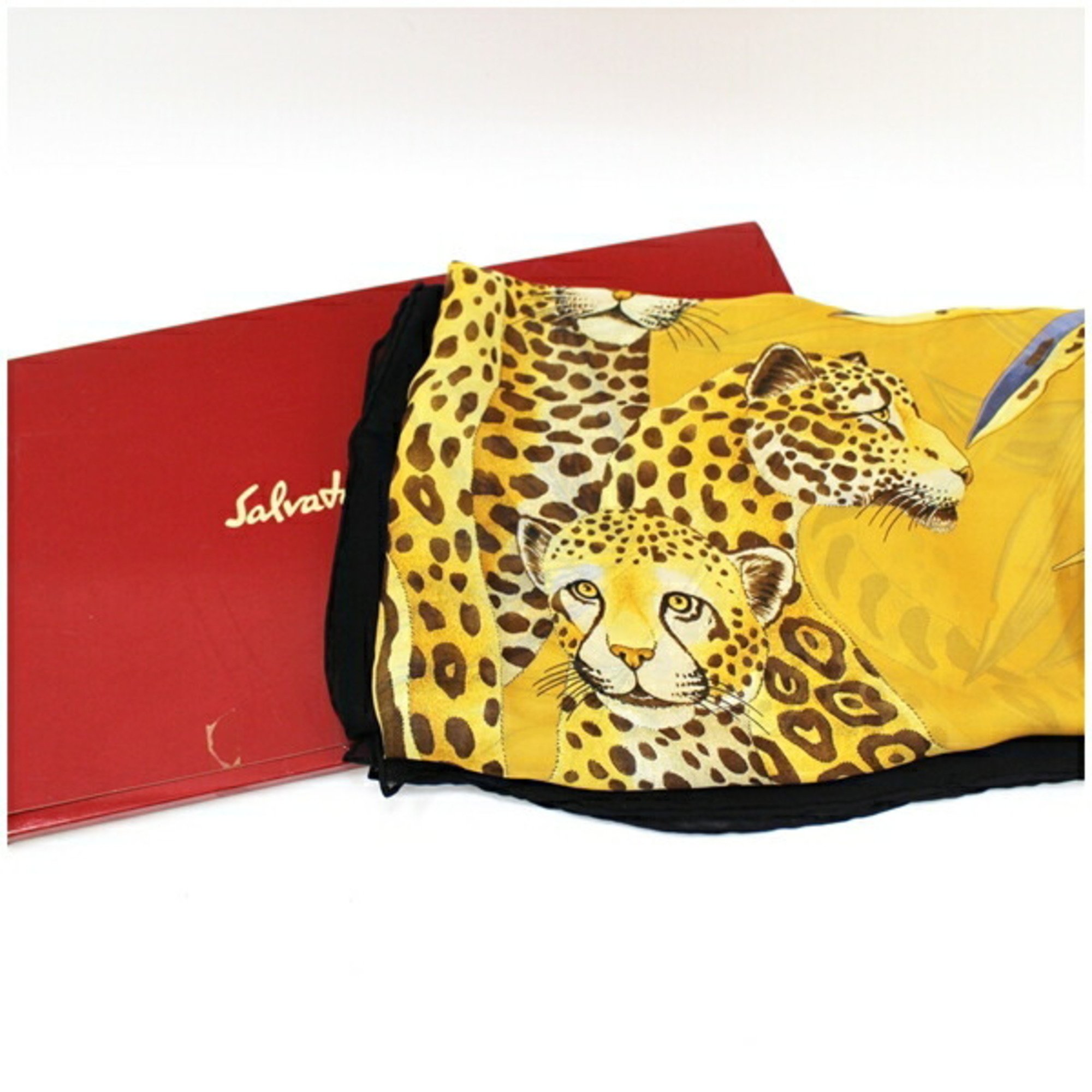 Salvatore Ferragamo Silk Large Scarf Stole Navy x Yellow Leopard Print Women's Paper