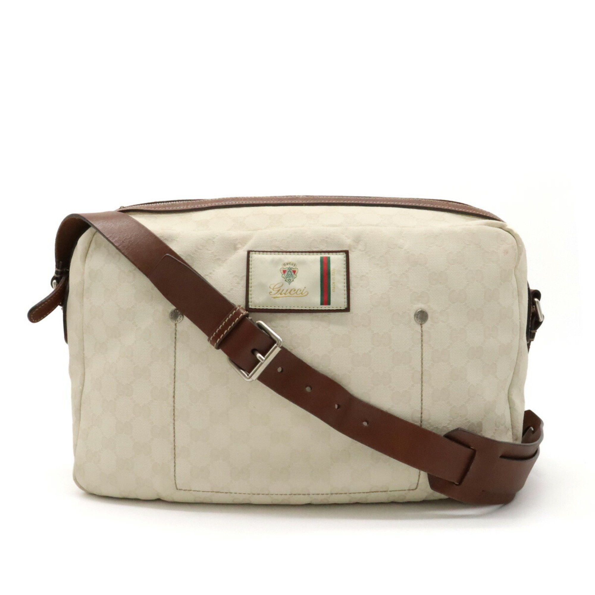 GUCCI GG canvas shoulder bag leather ivory white dark brown 223648