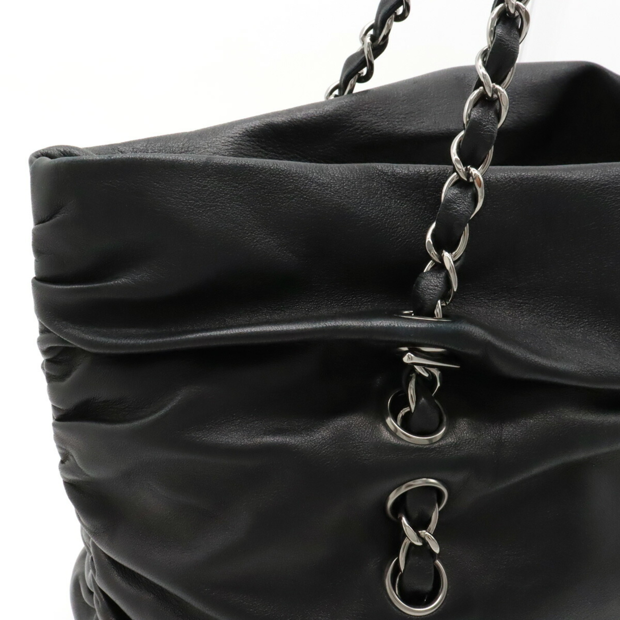 CHANEL COCO MARK GATHERED CHAIN TOTE BAG SHOULDER LEATHER BLACK