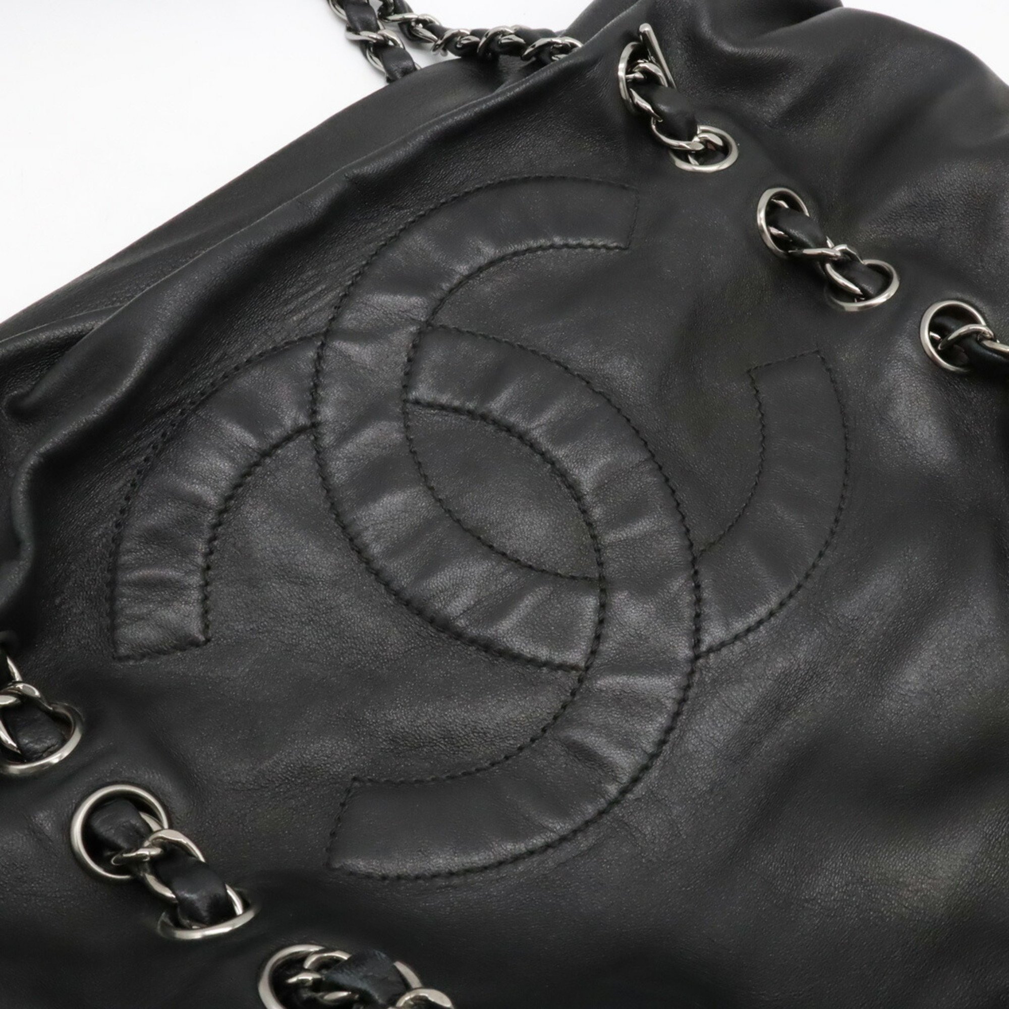 CHANEL COCO MARK GATHERED CHAIN TOTE BAG SHOULDER LEATHER BLACK