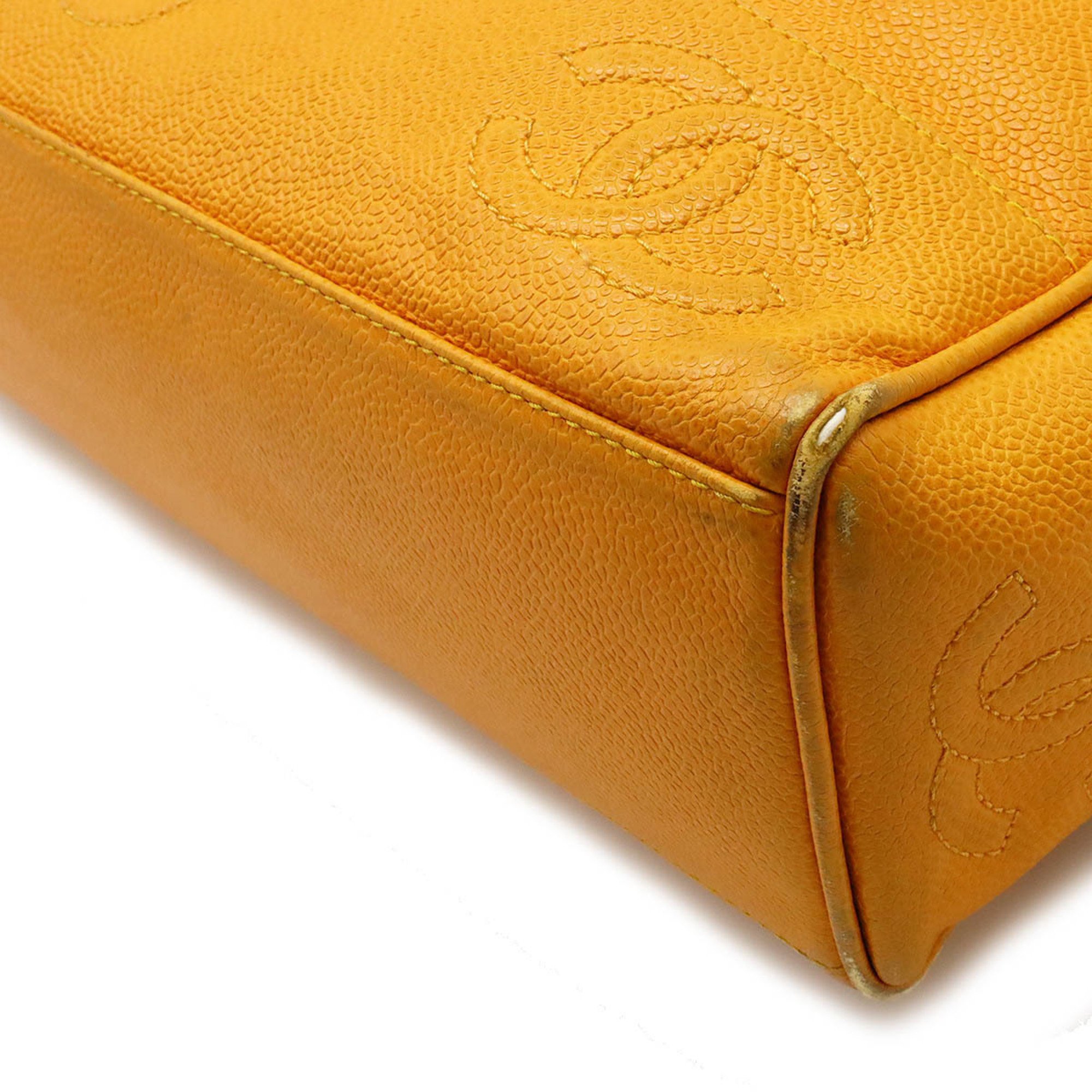 CHANEL Coco Mark Triple Chain Shoulder Bag Tote Caviar Skin Leather Yellow