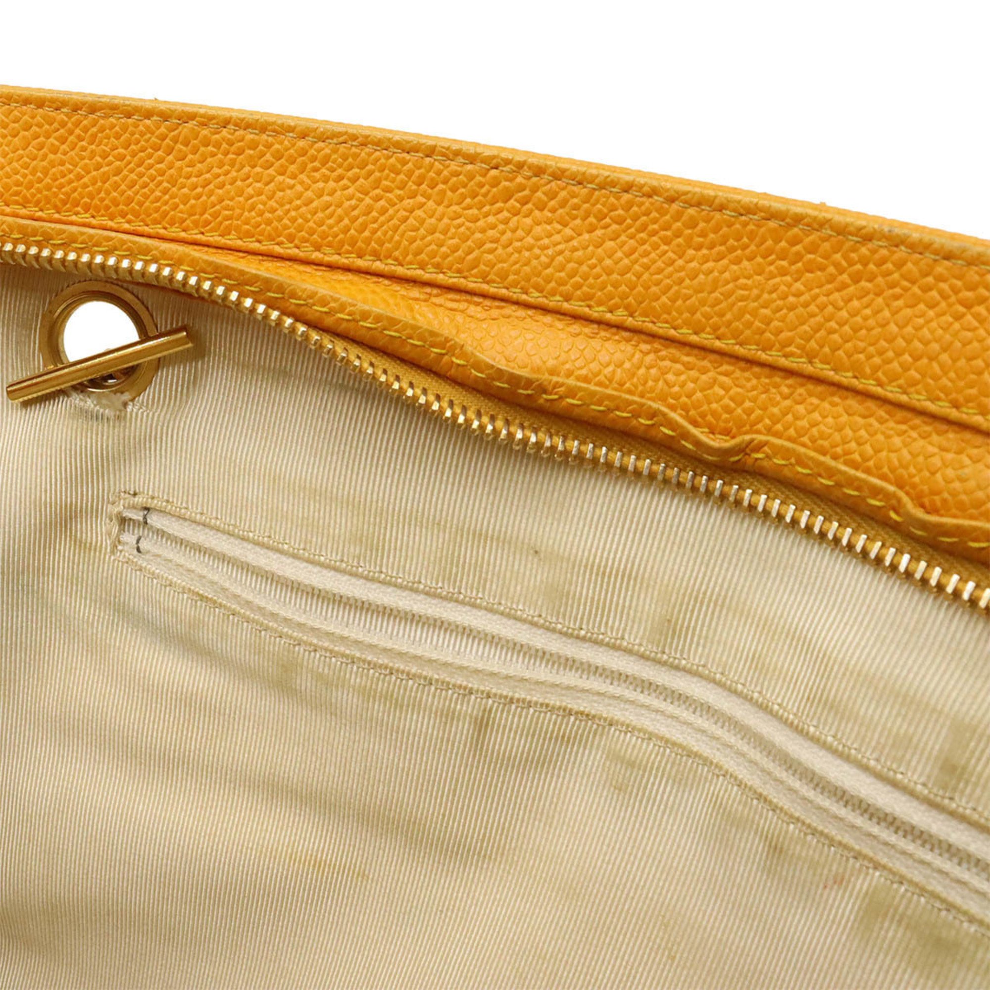 CHANEL Coco Mark Triple Chain Shoulder Bag Tote Caviar Skin Leather Yellow