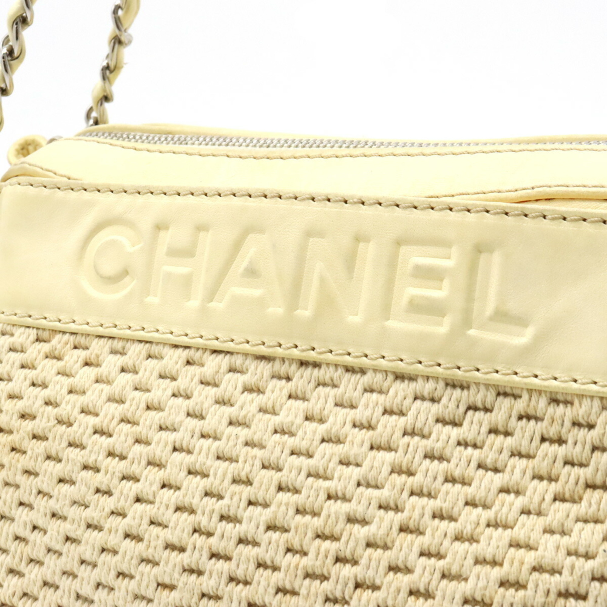 CHANEL Chain bag shoulder tote cotton canvas leather beige cream
