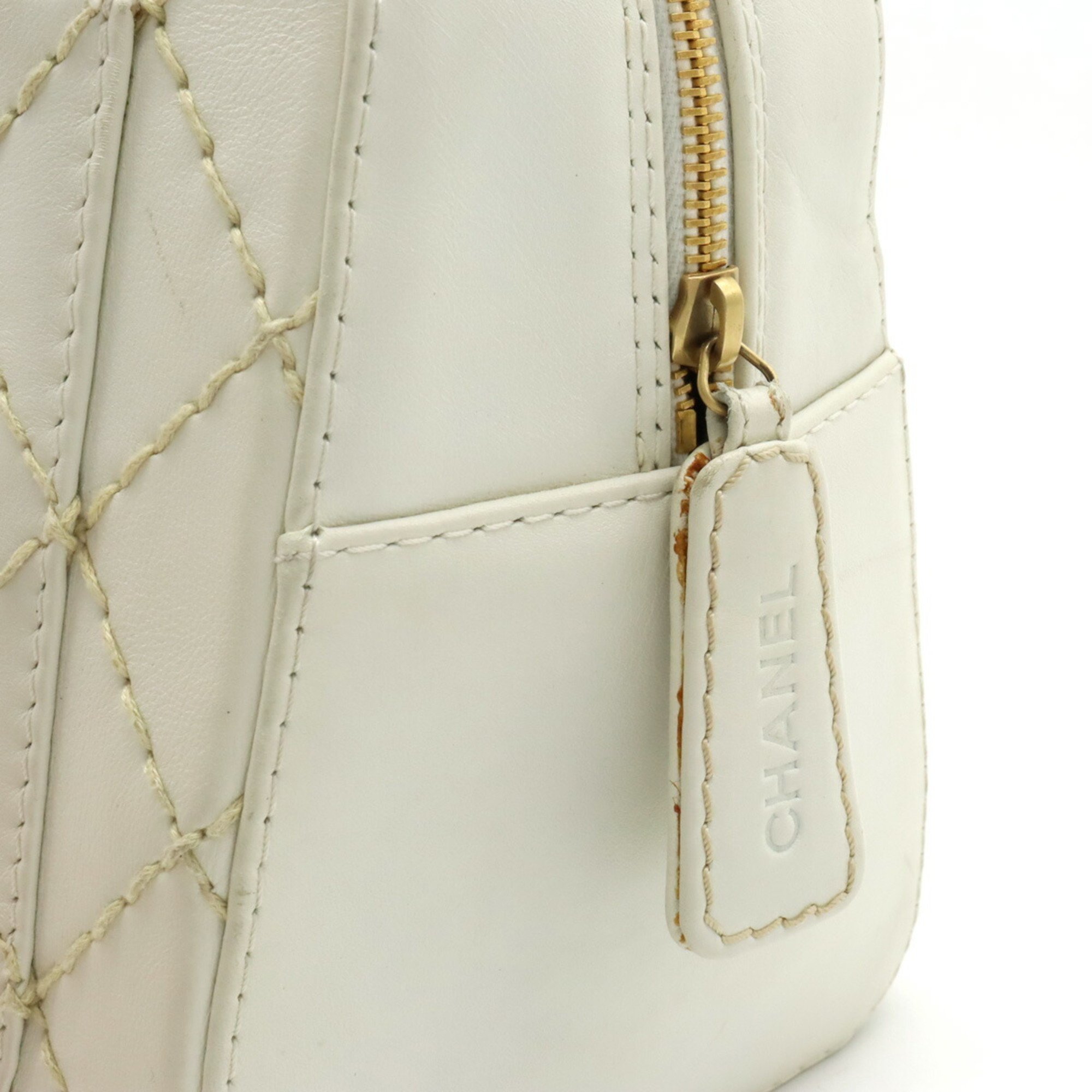 CHANEL Wild Stitch Handbag Boston Bag Leather White A14692