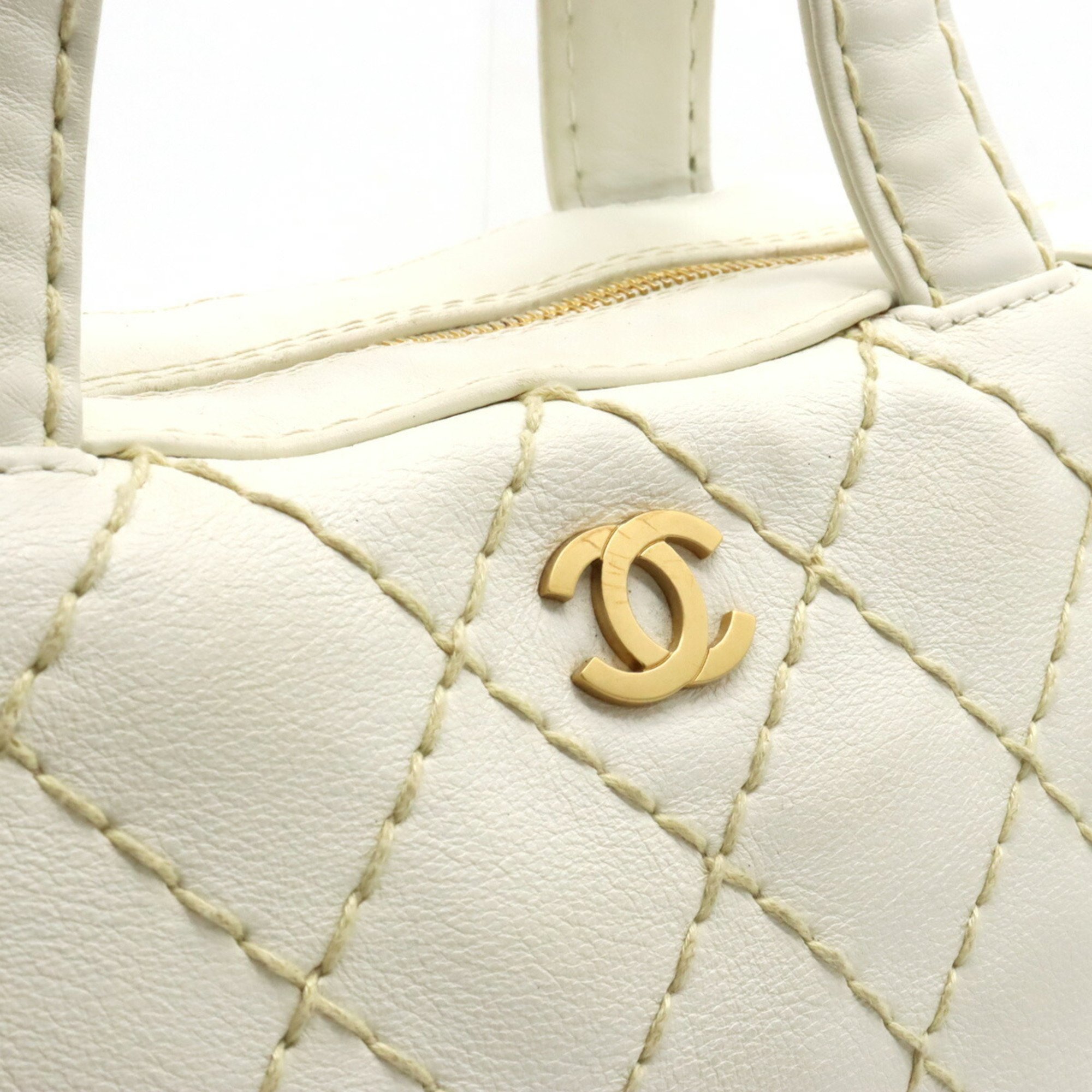 CHANEL Wild Stitch Handbag Boston Bag Leather White A14692