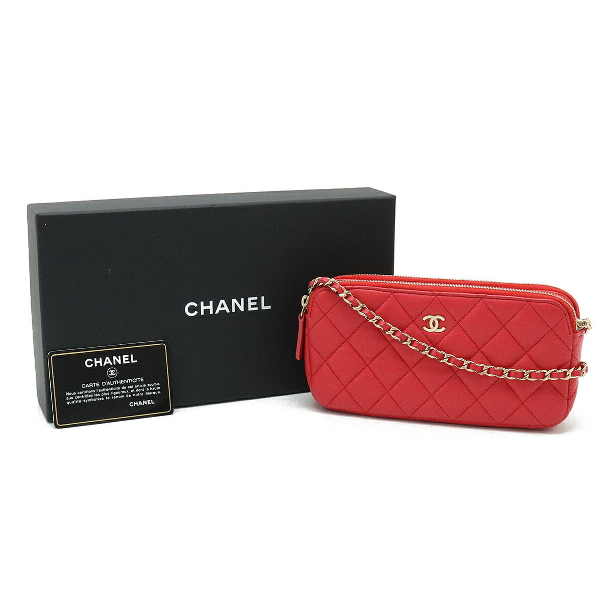 CHANEL Chanel Matelasse W Zip Chain Wallet Shoulder Clutch Bag Leather Pink Red A82527
