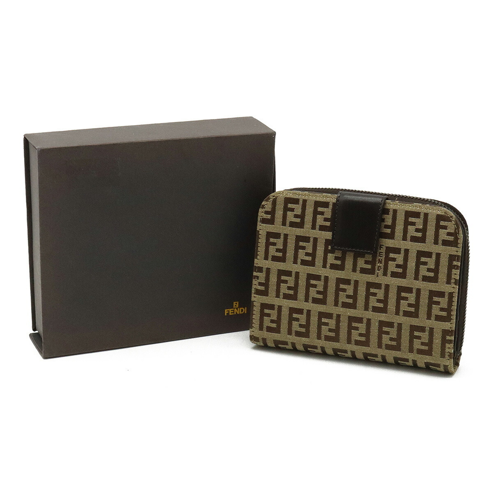 FENDI Zucchino Bifold Wallet Canvas Leather Beige Dark Brown 8M0018