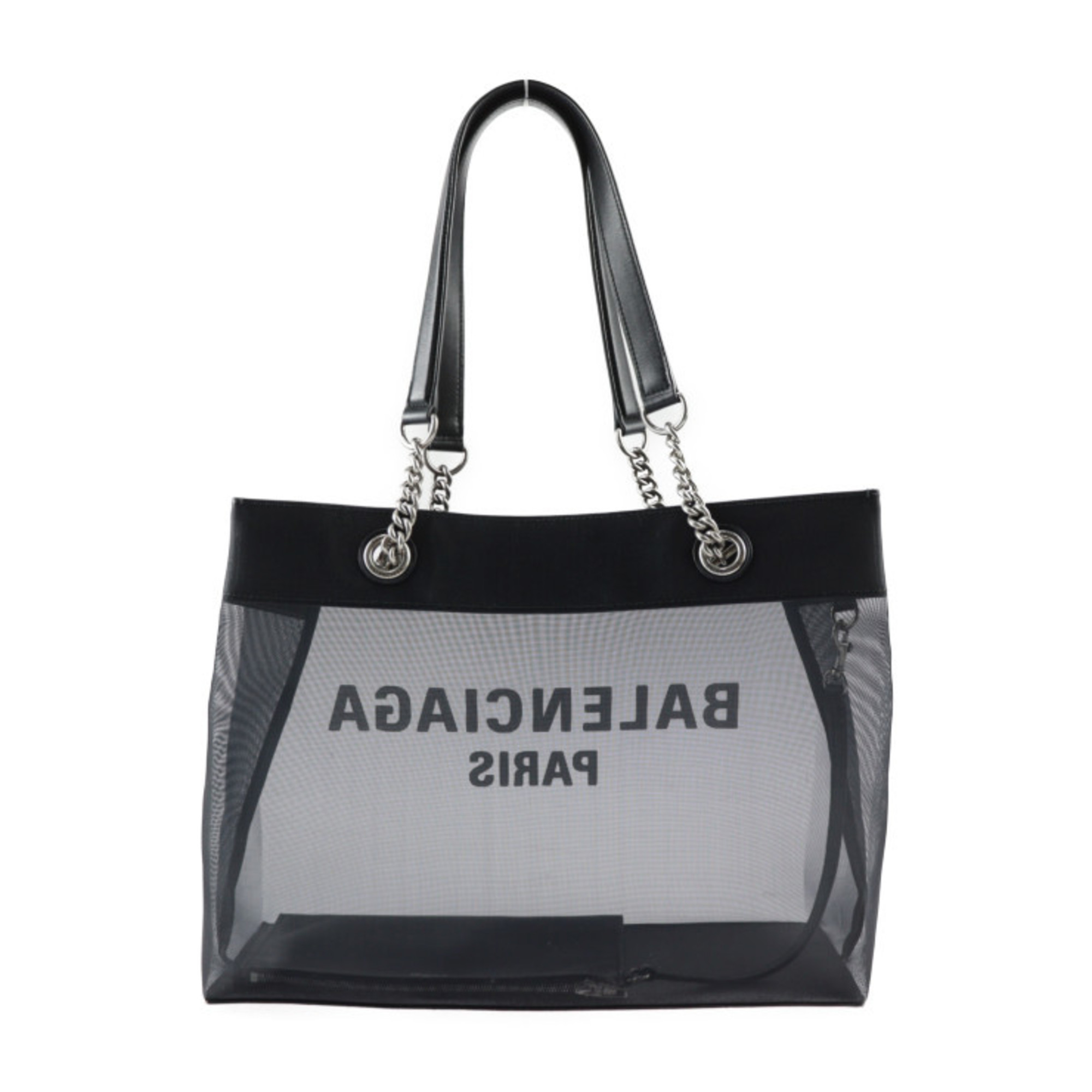 BALENCIAGA Duty Free Tote Bag 741602 Mesh x Leather Black Silver Hardware Shoulder Logo with Pouch