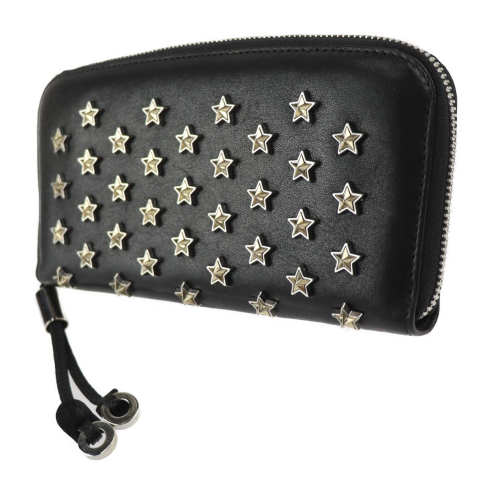 JIMMY CHOO FILIPA Long Wallet AUS 0C3421 Leather Black Silver & Gold Hardware Round Zipper Star Studs