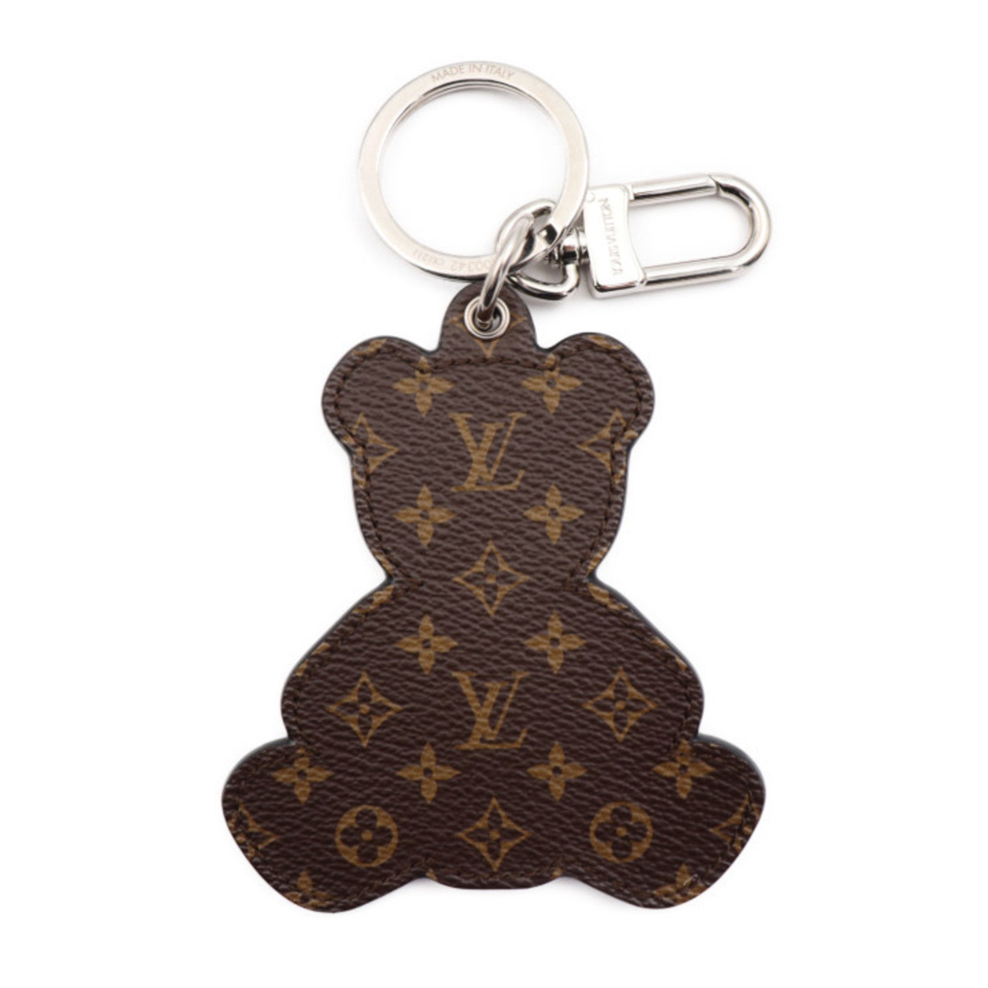 LOUIS VUITTON Portocle Teddy Bear Keychain M00342 Monogram Canvas Calf Leather Brown Silver Hardware Key Ring Bag Charm Vuitton