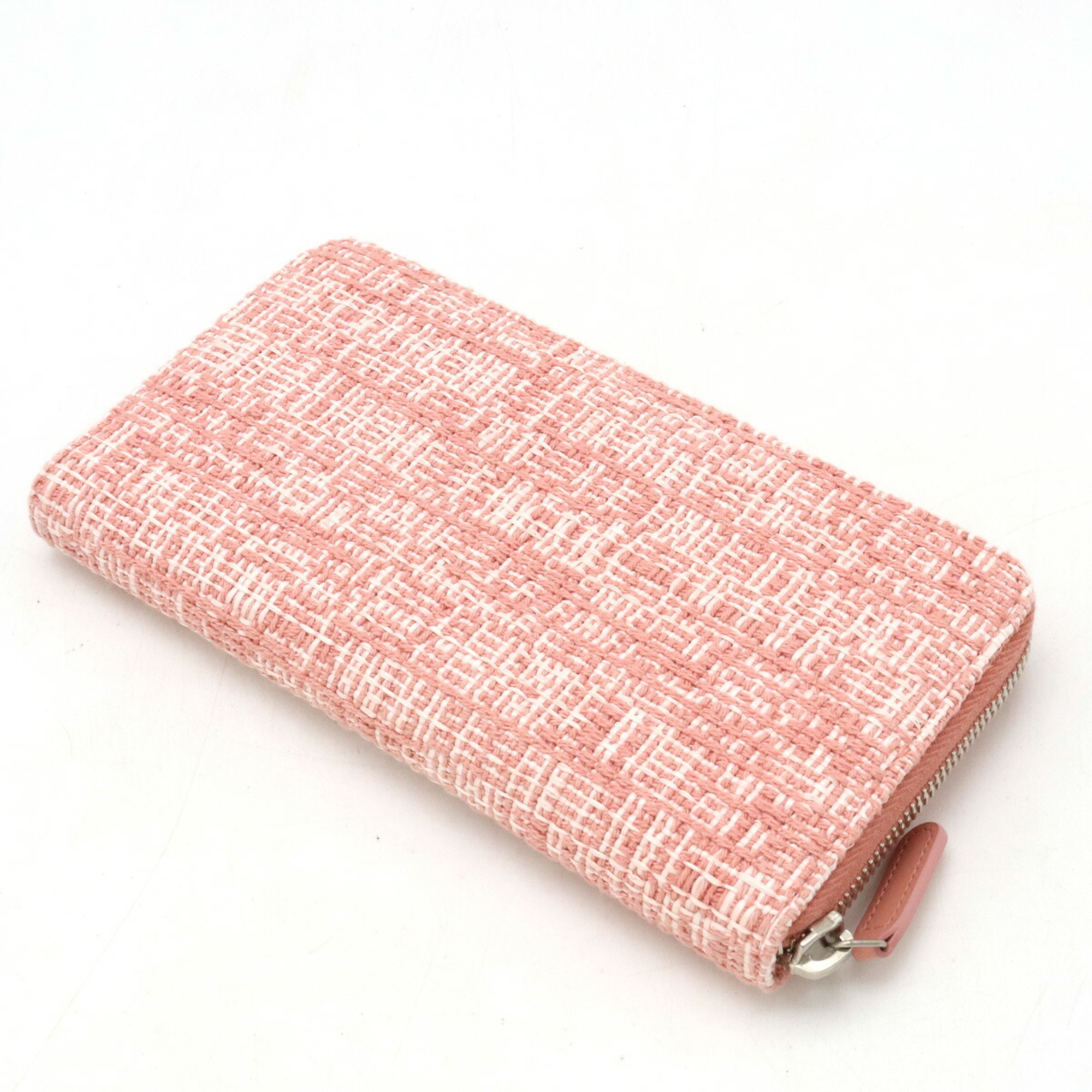 CHANEL Deauville Line Round Long Wallet Tweed Canvas Leather Lamé Pink A80056