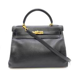 Hermes Bag Kelly 32 Inner Sewing Black Handbag Shoulder Ladies Voga River Leather □C Stamp HERMES