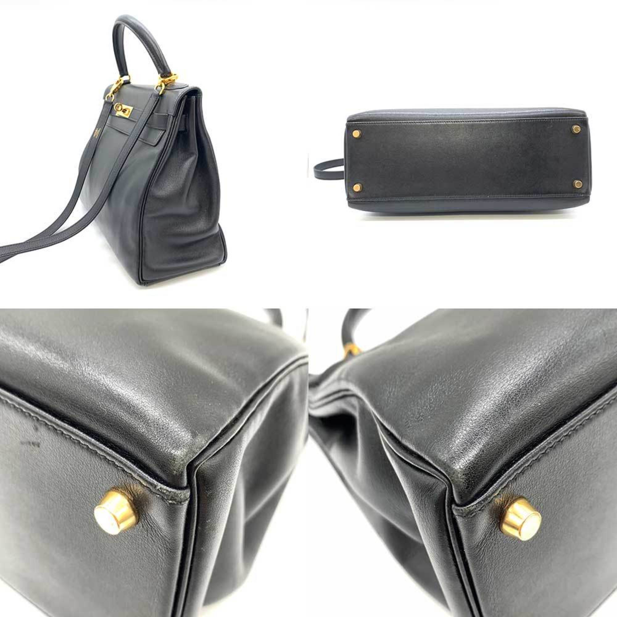 Hermes Bag Kelly 32 Inner Sewing Black Handbag Shoulder Ladies Voga River Leather □C Stamp HERMES